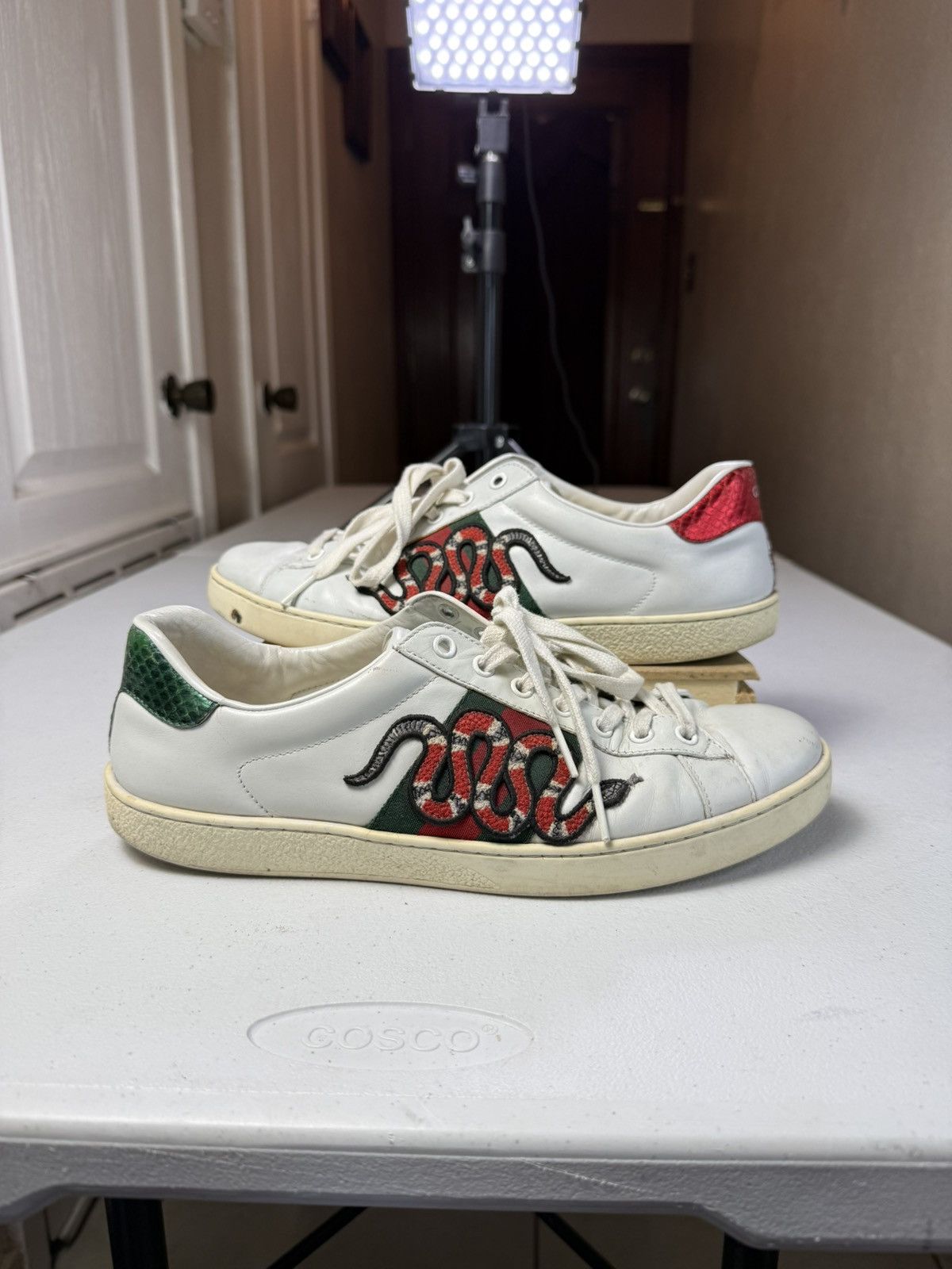 Gucci Mens Gucci Ace Embroidered Sneaker White Leather Snake Sz 8 Size US 8 / EU 41 - 1 Thumbnail