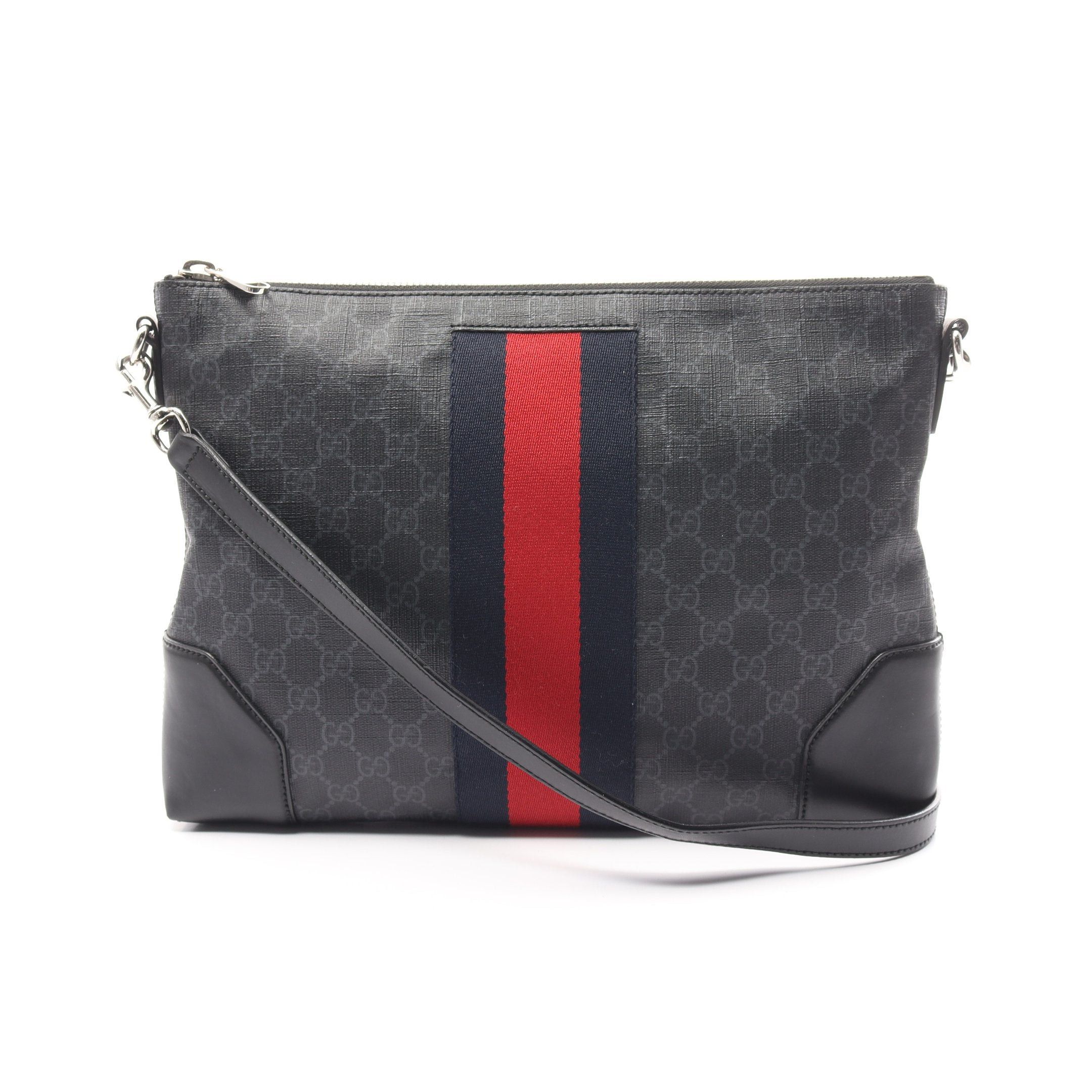 image of Gucci Gg Supreme Webbing Line Shoulder Bag Pvc Leather Dark Gray Black Multicolor, Men's