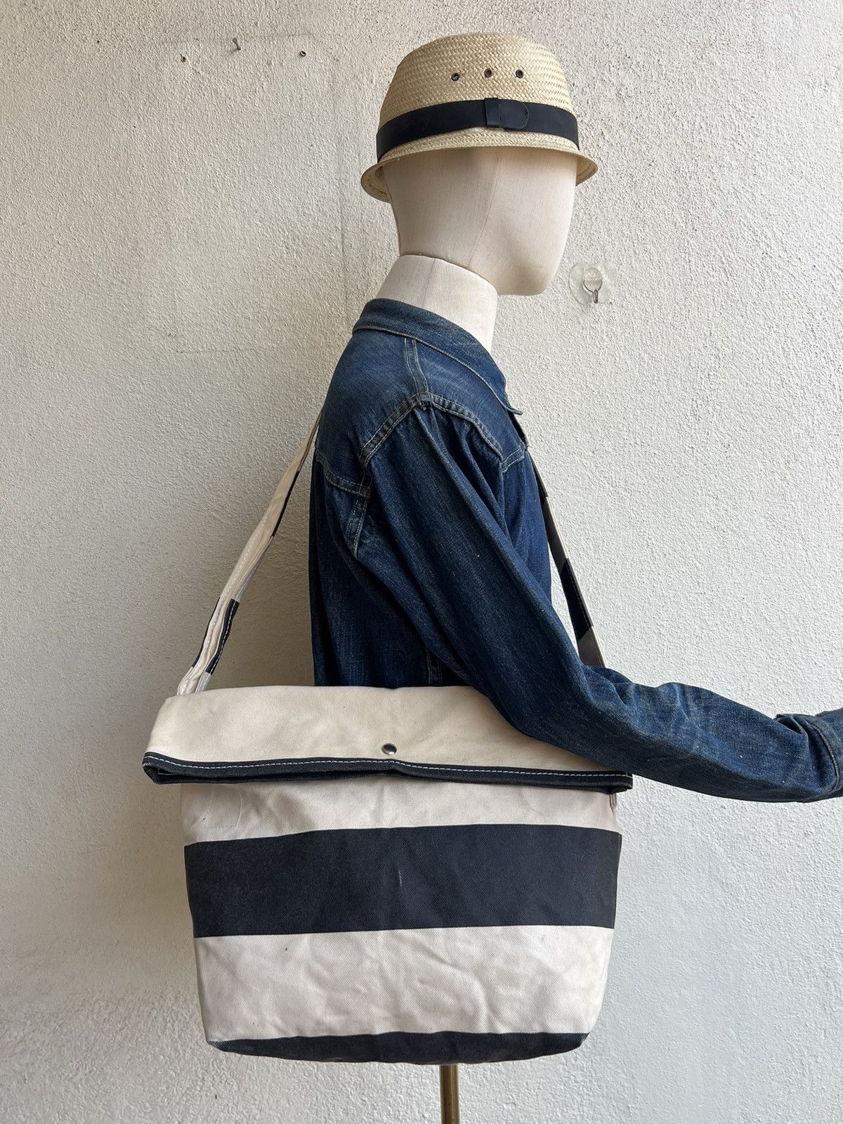 Vintage TEMBEA Japan Border Striped Waxed Canvas Cotton Bag Size ONE SIZE - 2 Thumbnail