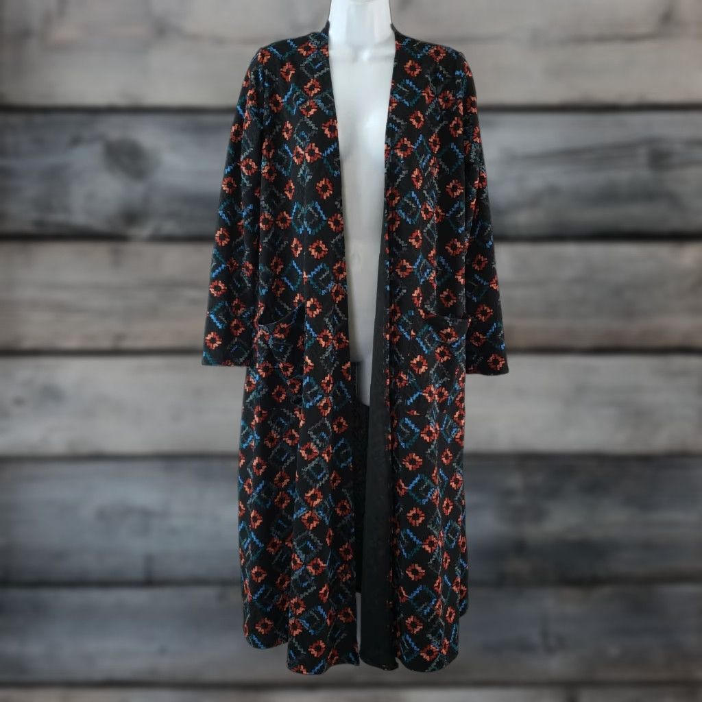 Vintage VINTAGE LuLaRoe Womens Sarah Duster Cardigan Sz Small Black Blue Geometric Long Sleeve Size S / US 4 / IT 40 - 1 Thumbnail