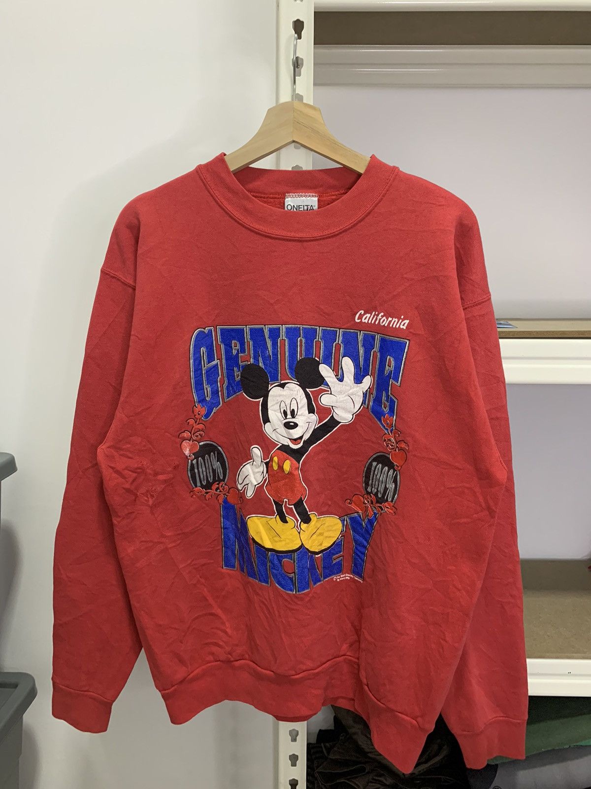 image of Vintage Disney Mickey Mouse Sweatshirt in Red, Men's (Size Large)