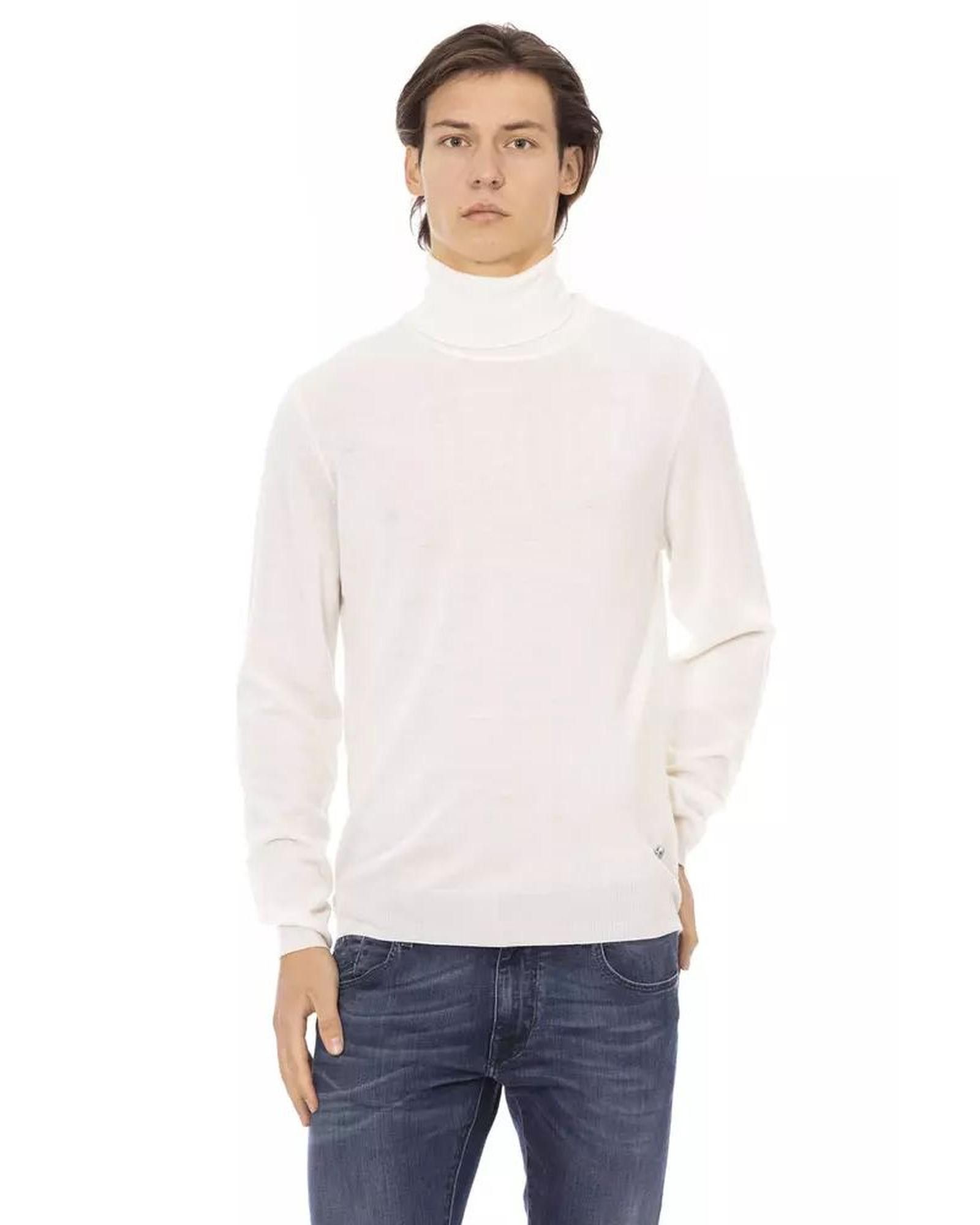 image of Baldinini Turtleneck Fabric Sweater With Metal Monogram in White, Men's (Size Small)