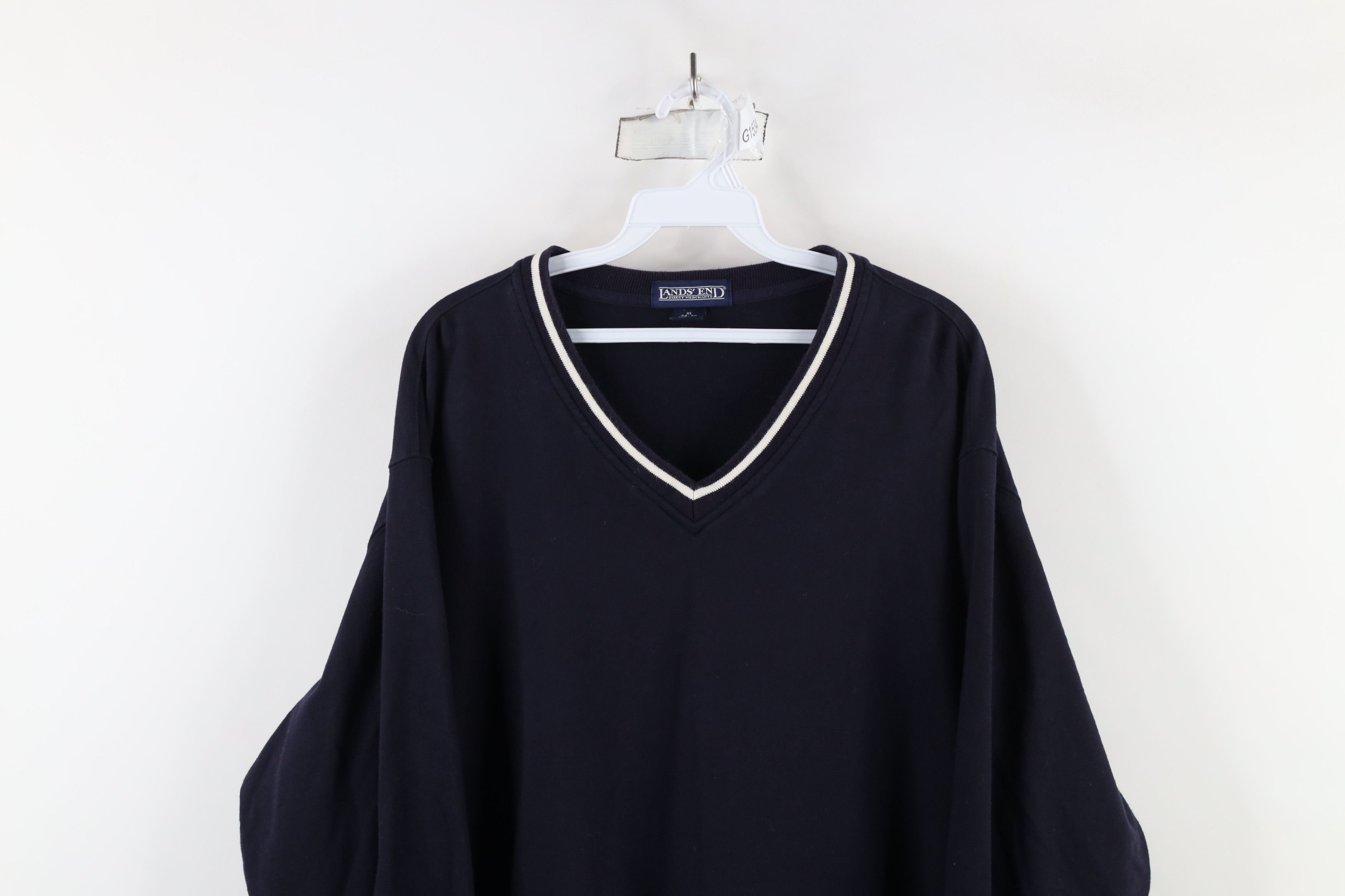 Lands' End × Vintage Vintage 90s Lands End Cotton Knit V-Neck Sweater Navy Blue Size US XL / EU 56 / 4 - 2 Thumbnail