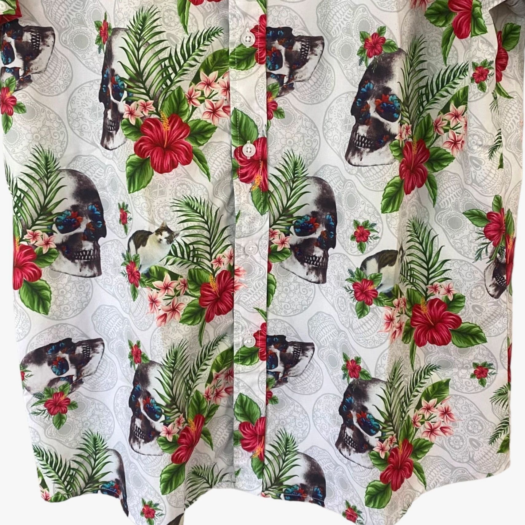 Vintage VINTAGE Angels Trove Button-Up Shirt Mens XL White Floral Skull Cat Print Hawaiian Shirt Size US XL / EU 56 / 4 - 6 Thumbnail