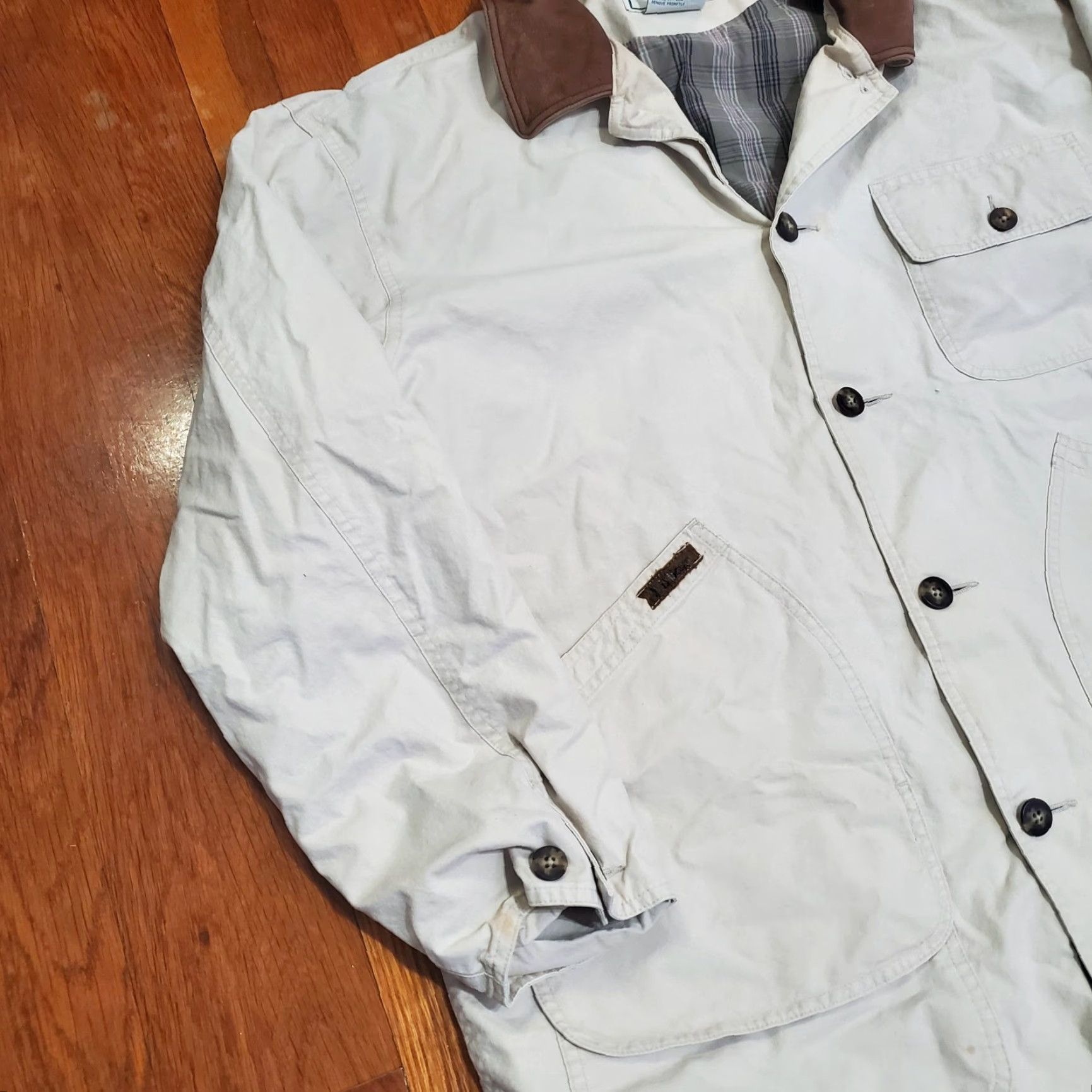 Vintage LL Bean Coat Mens XL Beige Canvas Field Jacket Leather Collar Lined Workwear Size US XL / EU 56 / 4 - 2 Thumbnail