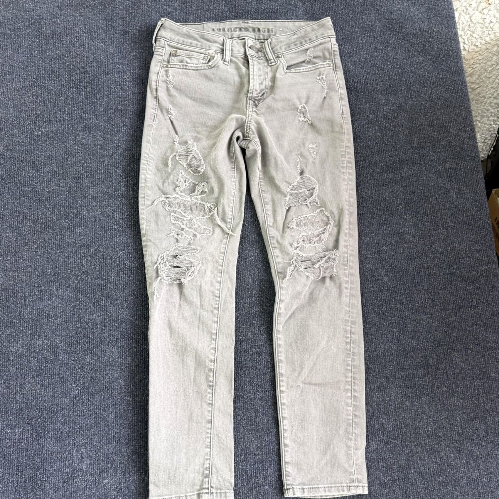 American Eagle Outfitters American Eagle Airflex+ Jeans Mens 26x28 Light Gray Denim Skinny Distressed Slim Stretch Pockets Logo Baggy? Size US 26 / EU 42 - 2 Thumbnail