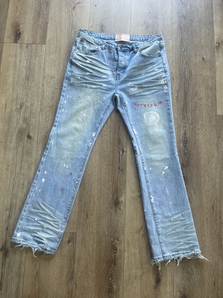 Whensmokeclears When Smoke Clears Light Blue Painted Straight Jeans Size US 38 / EU 54 - 1 Thumbnail