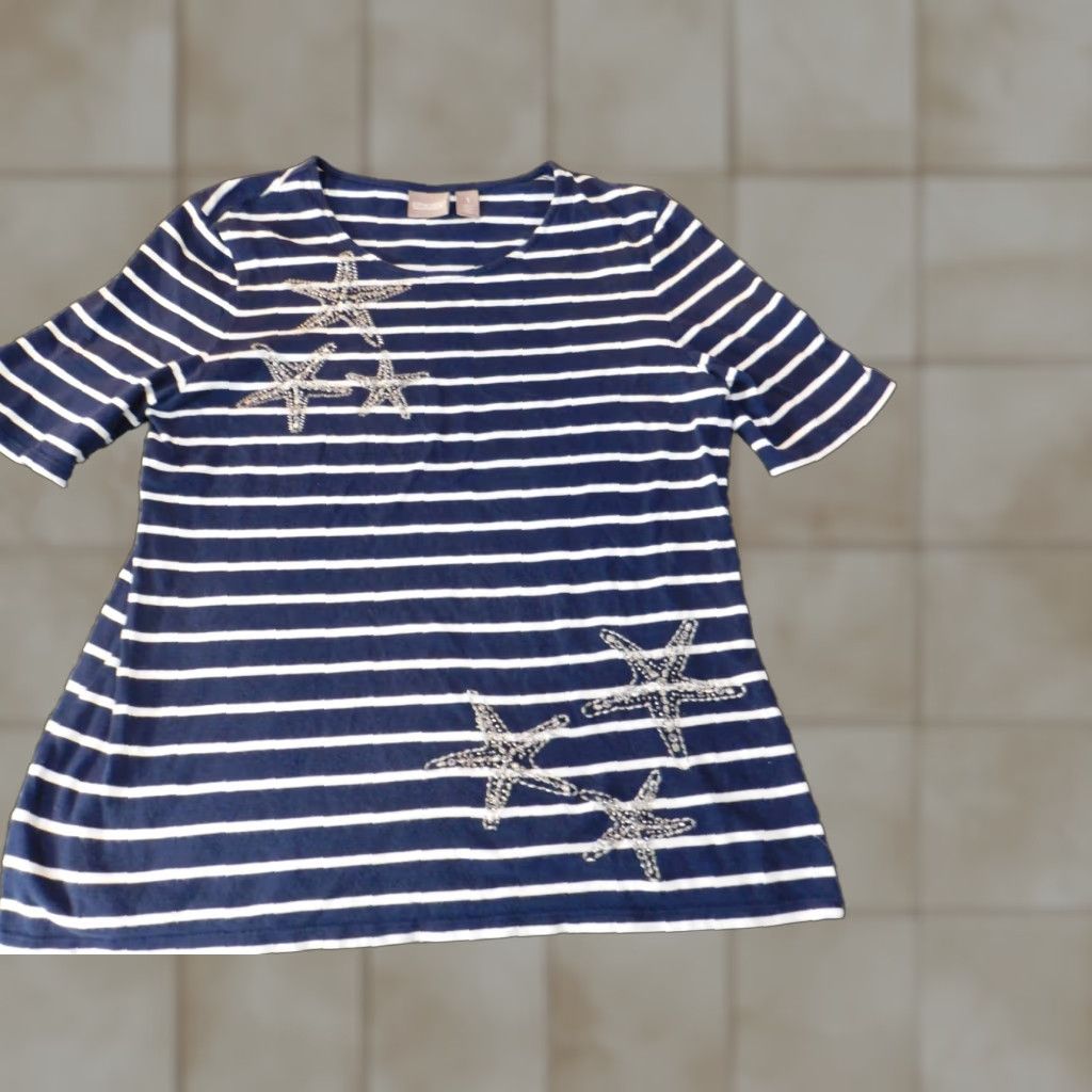 Vintage Chicos Shirt Women Blouse Short Sleeve Blue Striped Button Up Collared Stretch Cotton Classic Size XS / US 0-2 / IT 36-38 - 1 Thumbnail
