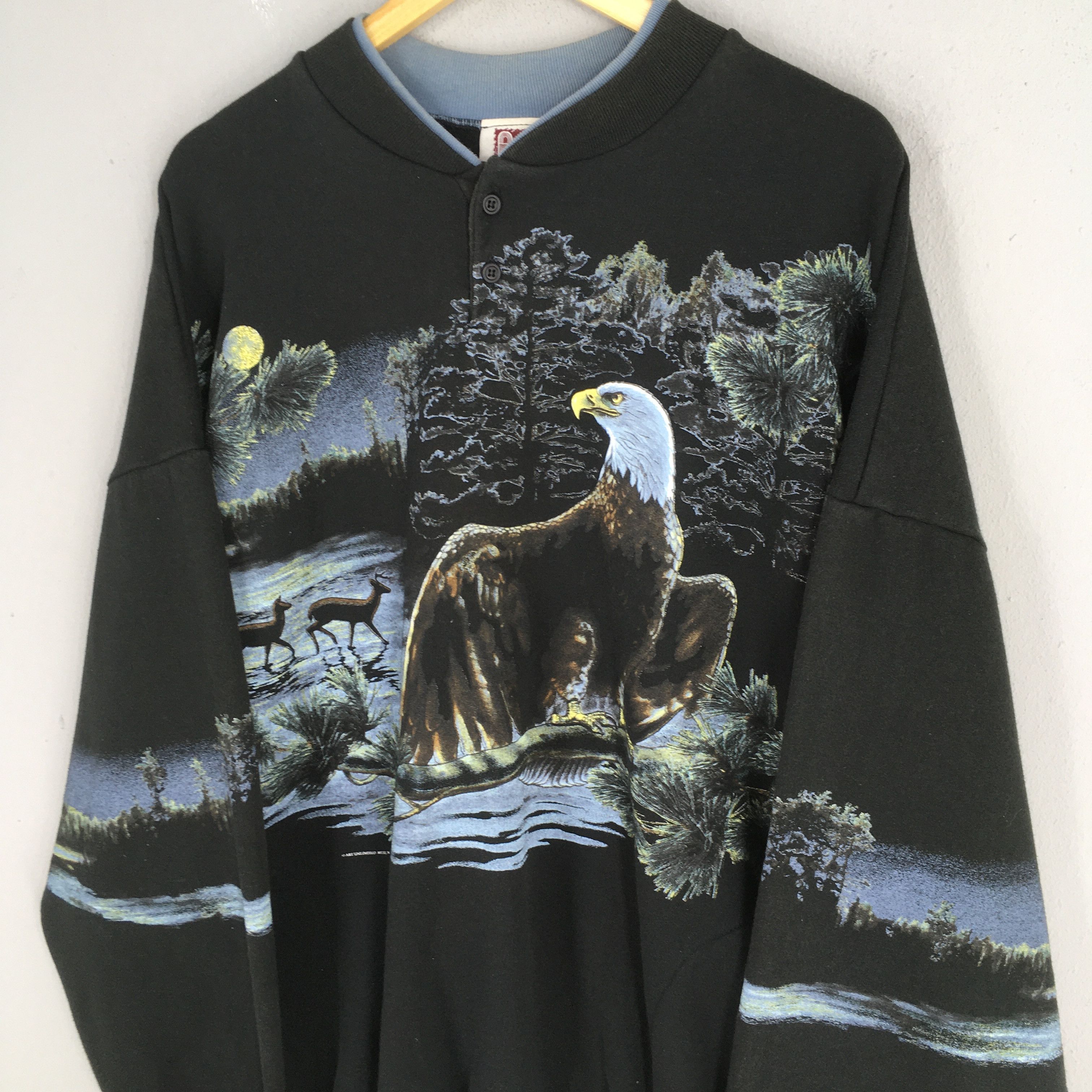Habitat Vintage Eagles Bald Black Henley Sweatshirt 3XLarge Size US XXL / EU 58 / 5 - 3 Thumbnail