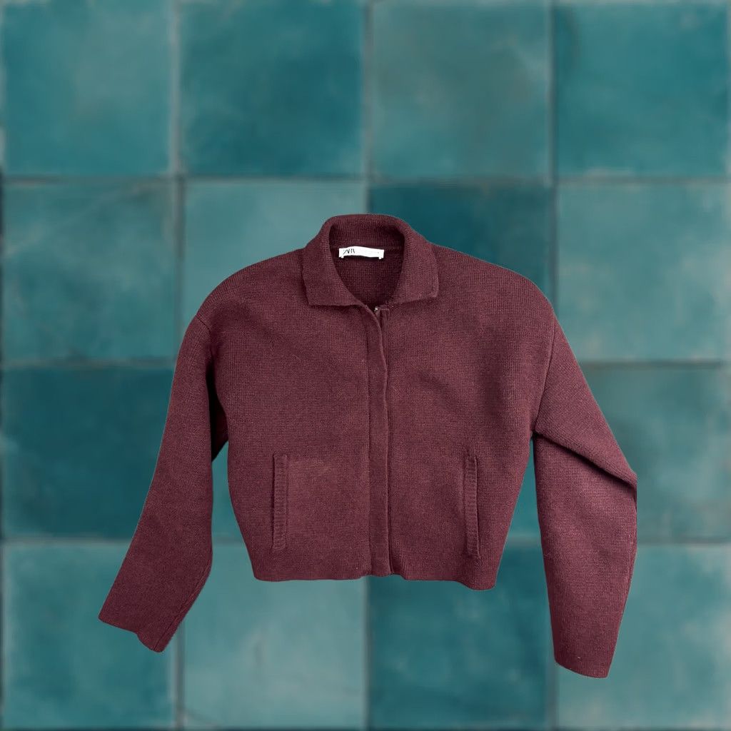 Zara Zara Sweater Jacket Womens Small Purple Collared Full Zip Knit Pockets Cropped Size S / US 4 / IT 40 - 1 Thumbnail
