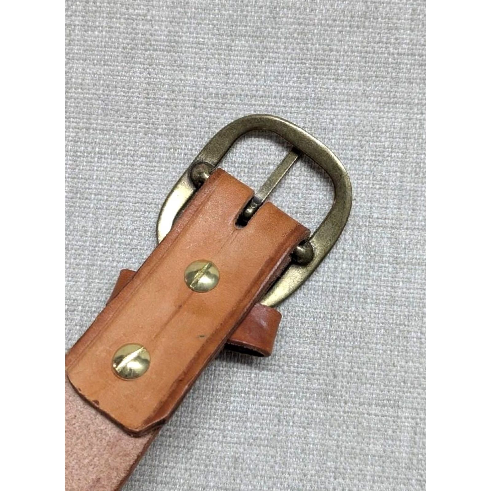 Vintage VINTAGE HANDCRAFTED belt TOOLED cowhide 40 brown WESTERN geometric brass Size 40 - 4 Thumbnail