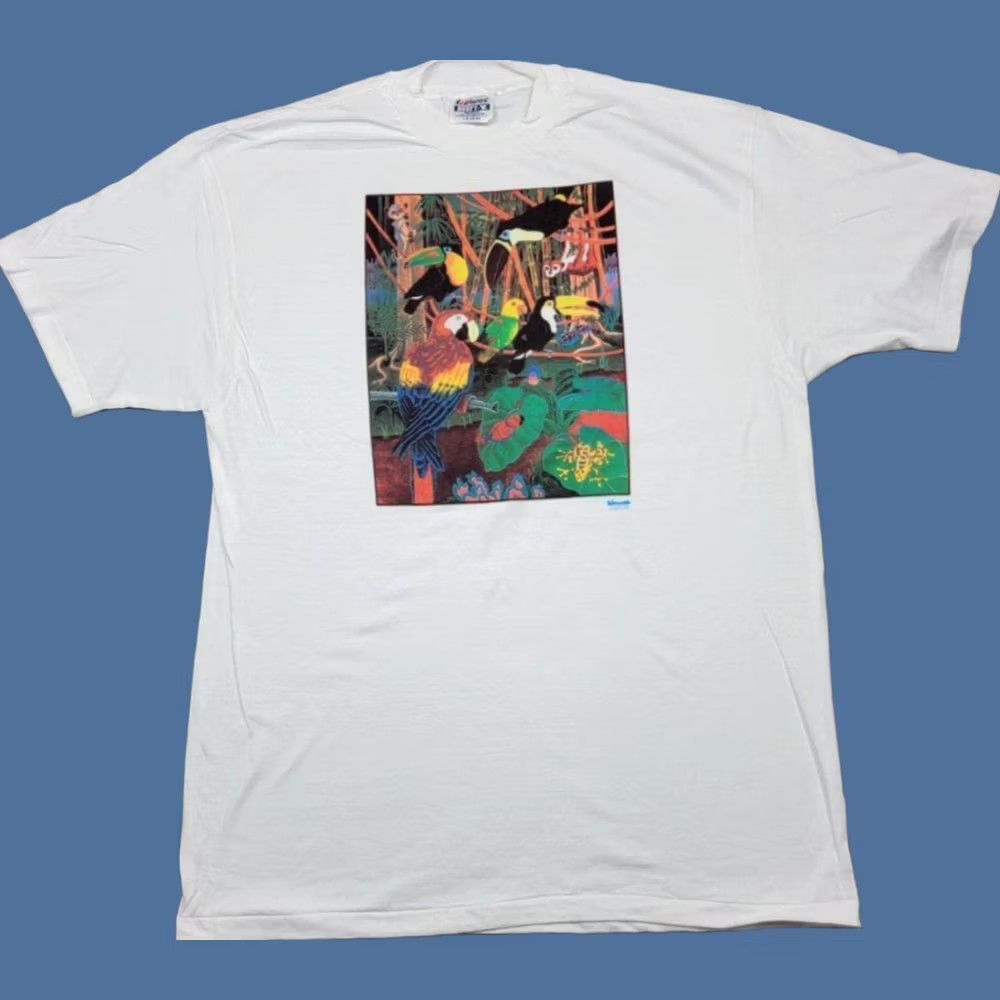 Hanes Hanes Beefy-T Rainforest Shirt Adult Large White Cotton Graphic Print Toucan 90s Colorful Animals Tropical Mens Size US L / EU 52-54 / 3 - 1 Thumbnail