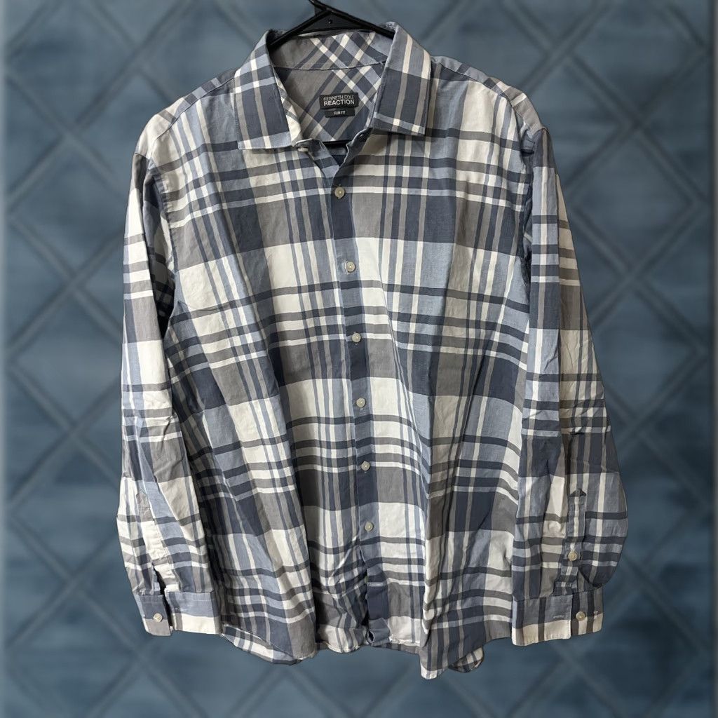 Kenneth Cole Kenneth Cole Reaction Shirt Mens 15.5 Slim Blue Plaid Long Sleeve Button Up Shirt Size US M / EU 48-50 / 2 - 1 Thumbnail