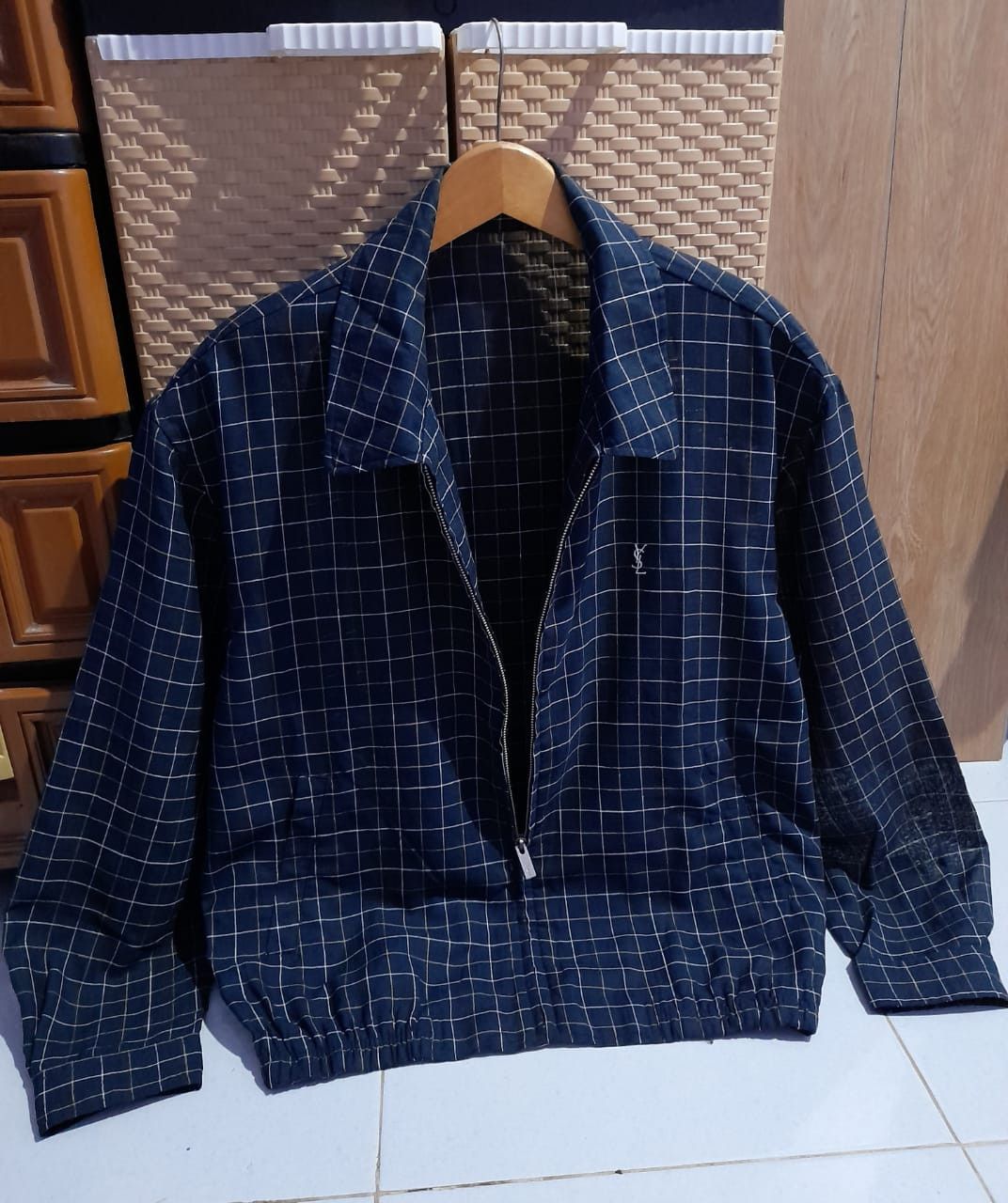 image of Plaid Itemvintage YVES Saint Laurent X YSL Jacket in Plaid Dark Navy, Men's (Size Large)