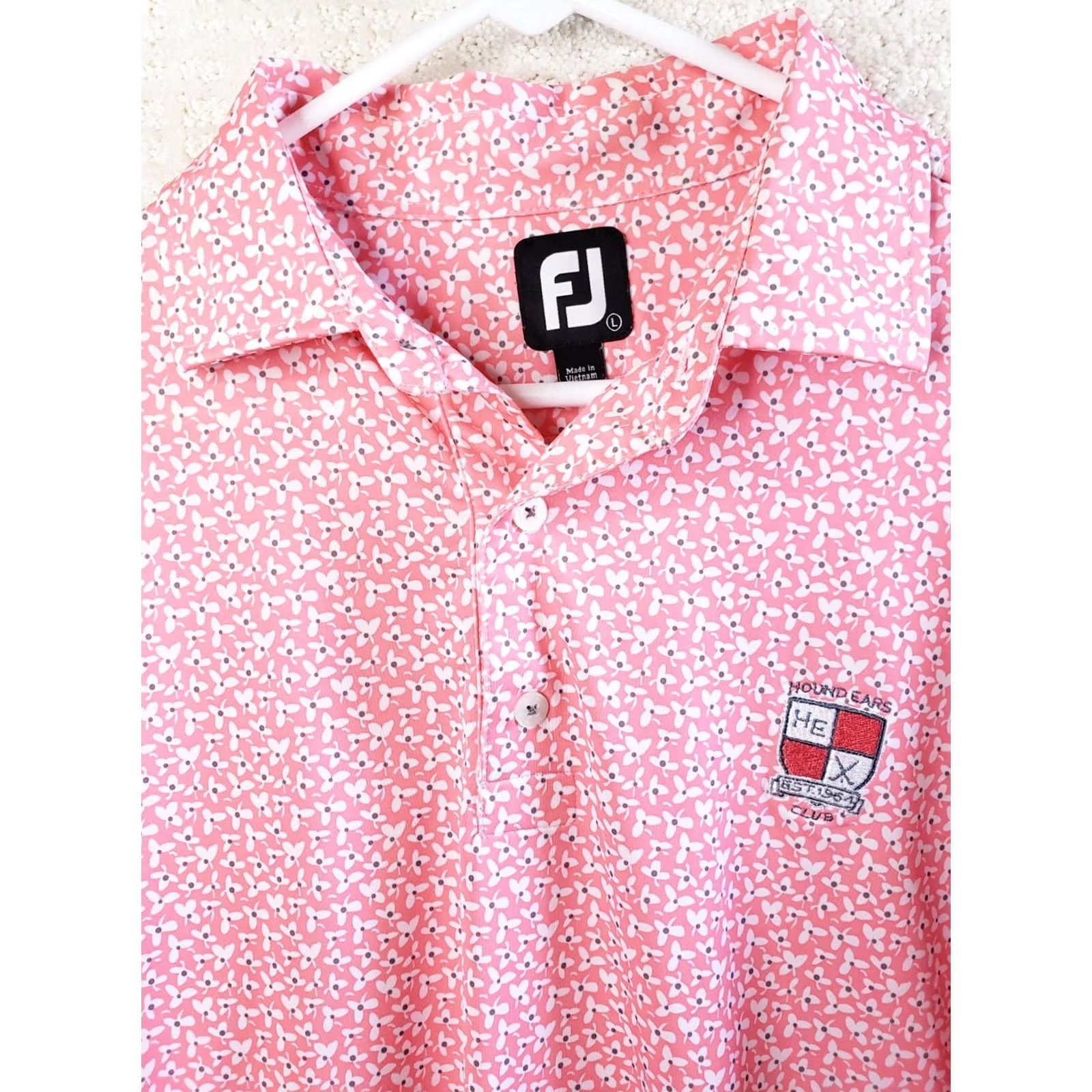 Footjoy FootJoy Polo Shirt Pink Floral All Over Men L Short Sleeve Golf Casual Logo 88% Polyester 12% Spandex Size US L / EU 52-54 / 3 - 4 Thumbnail