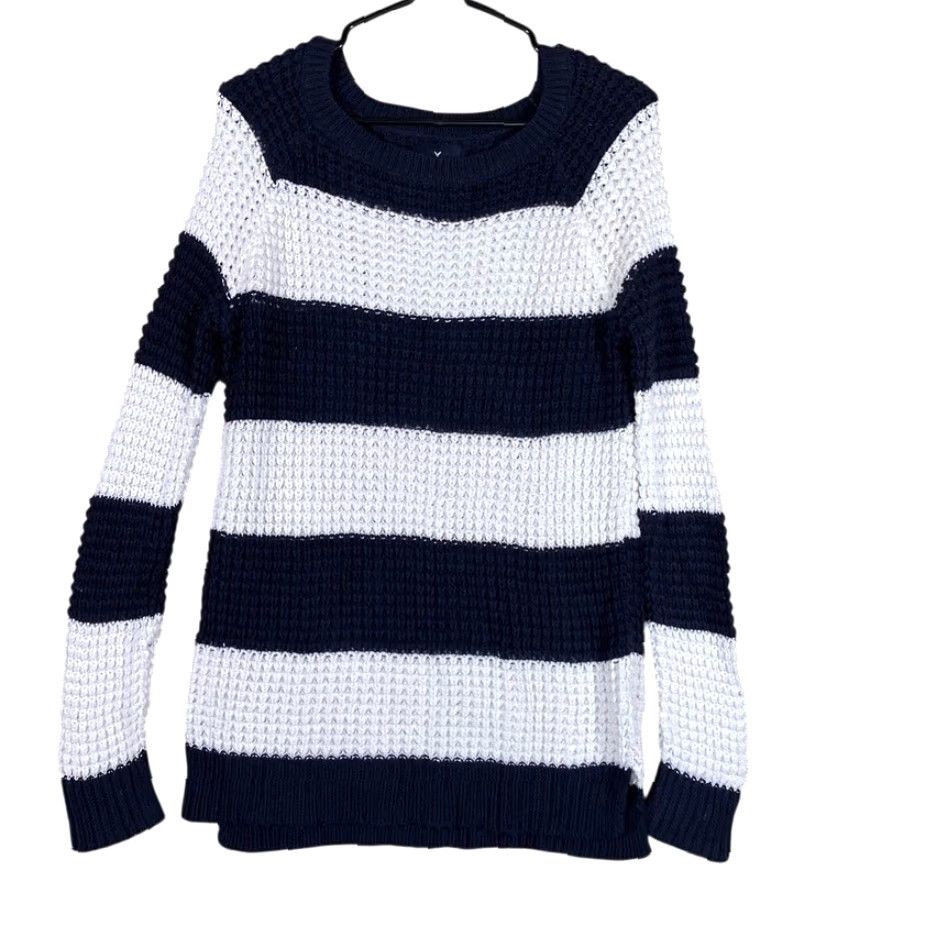 American Eagle Outfitters American Eagle Womens Sweater White Navy Striped Open Knit 100% Cotton Small Size S / US 4 / IT 40 - 2 Thumbnail