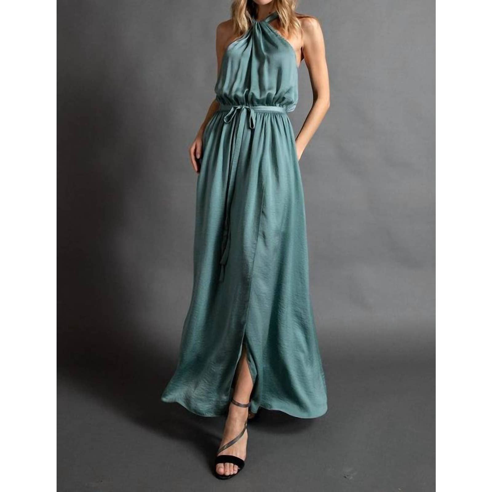Designer EASEL Isla Satin Maxi Dress In Moss Teal Grailed