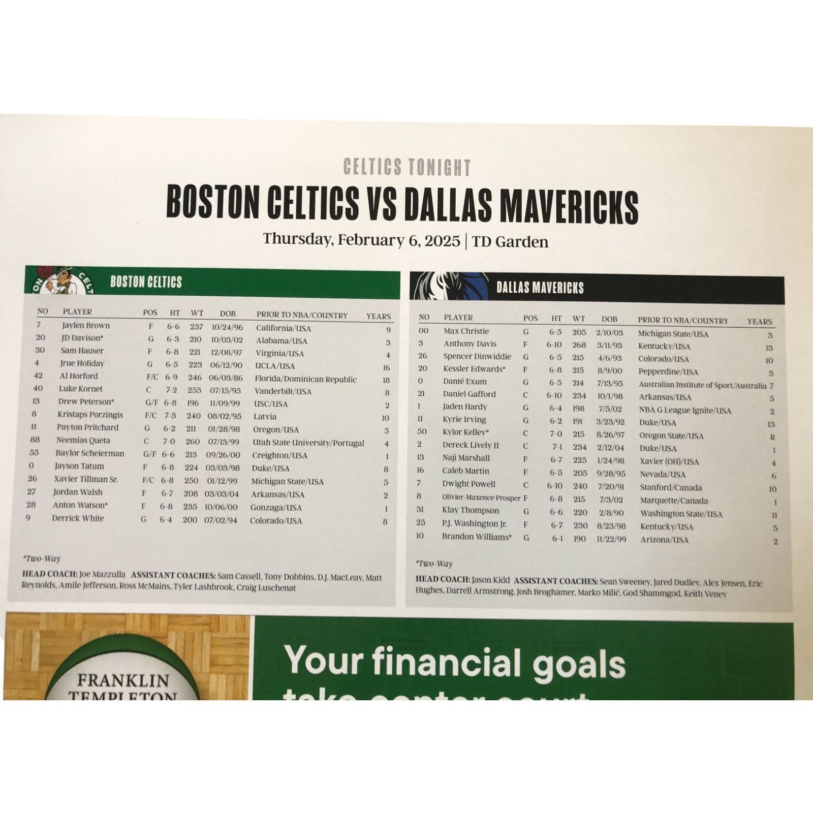 NBA Boston Celtics v Dallas Mavericks 2/6/25 Roster Poster Size ONE SIZE - 7 Thumbnail