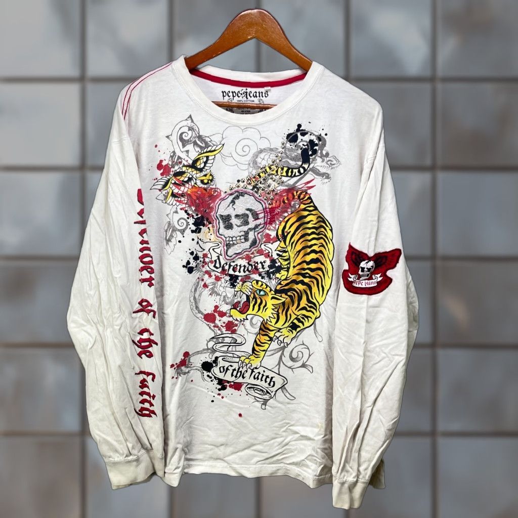 Pepe Jeans VINTAGE Pepe Jeans Shirt 3XL Mens White Cotton Tiger Logo 90s Long Sleeve Baggy Crew Neck Size US XXL / EU 58 / 5 - 1 Thumbnail