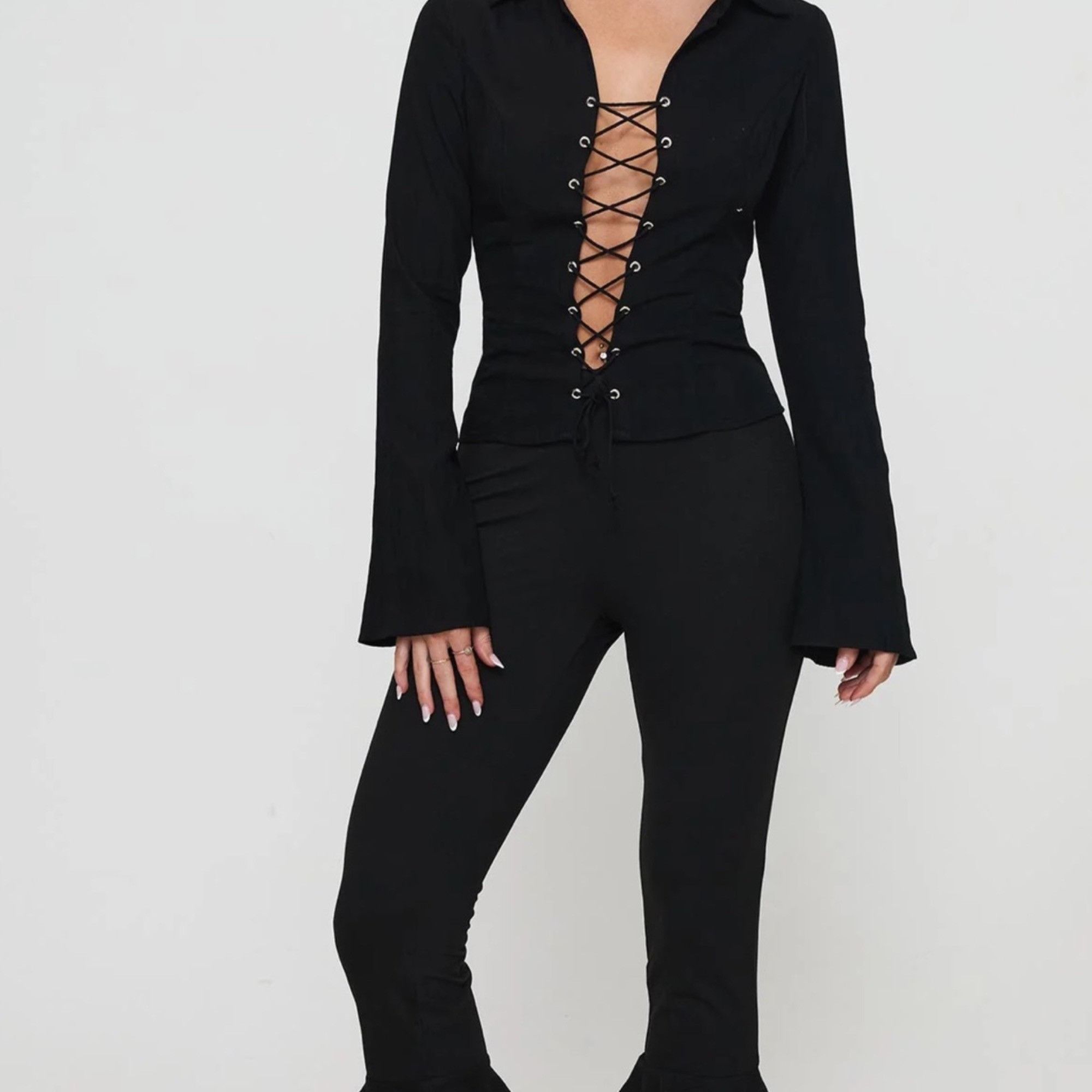 PRINCESS POLLY Princess Polly Women’s Black Lace-Up Long Sleeve Top Size 8 Size M / US 6-8 / IT 42-44 - 4 Thumbnail