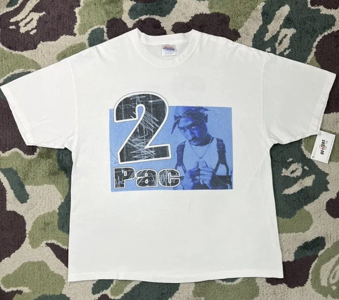 image of 90’S Tupac Shakur Memorial Hanes Shirt White in Blue, Men's (Size XL)