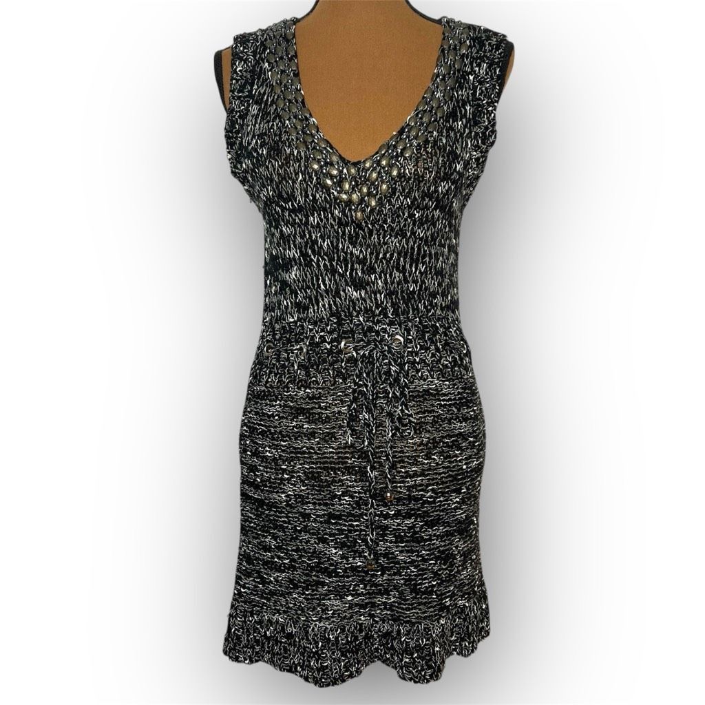 BCBGMaxazria Black Gray Beaded Loose Knit Beachy Sweater Dress, Women’s Medium