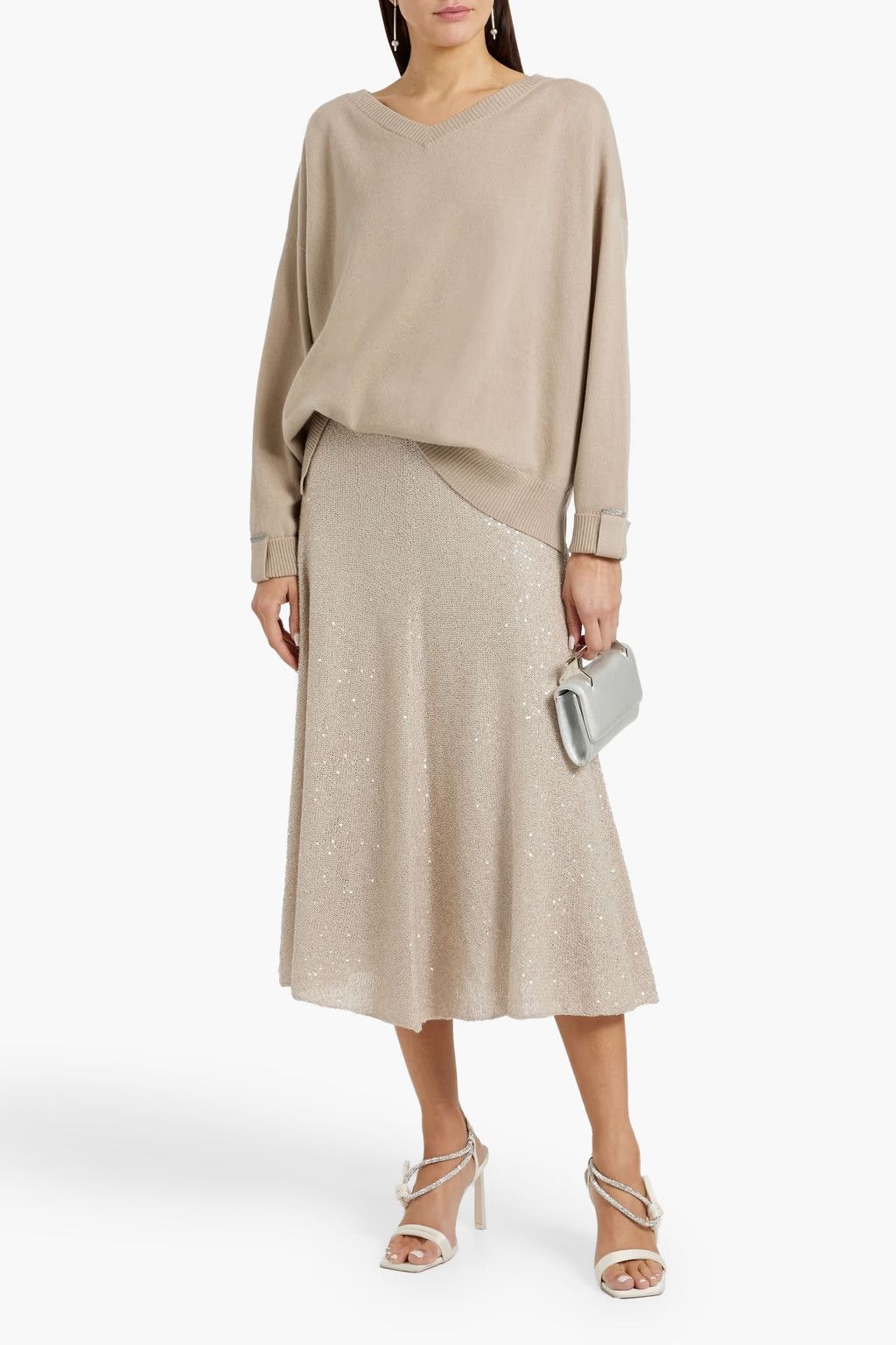 Brunello Cucinelli o1y0825 V-neck Sweater in Beige Size M / US 6-8 / IT 42-44 - 2 Thumbnail