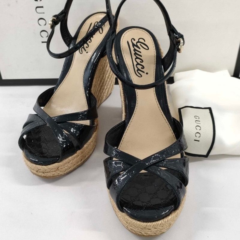 Gucci Gucci Black Patent GG Embossed Raffia Wedge Sandals Sz 38 Size US 8 / IT 38 - 1 Thumbnail