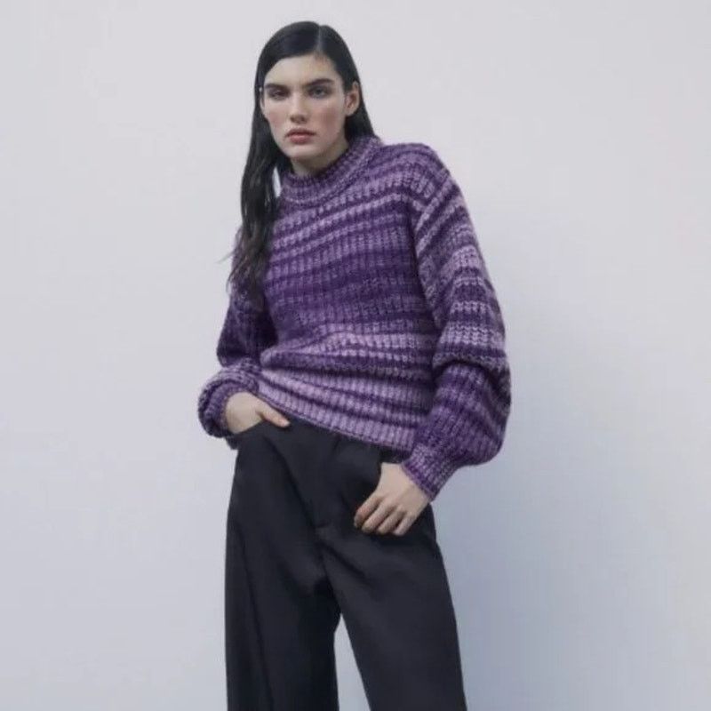 Zara Zara Purple Striped Chunky Knit Mock Neck Pullover Sweater Size S / US 4 / IT 40 - 1 Thumbnail