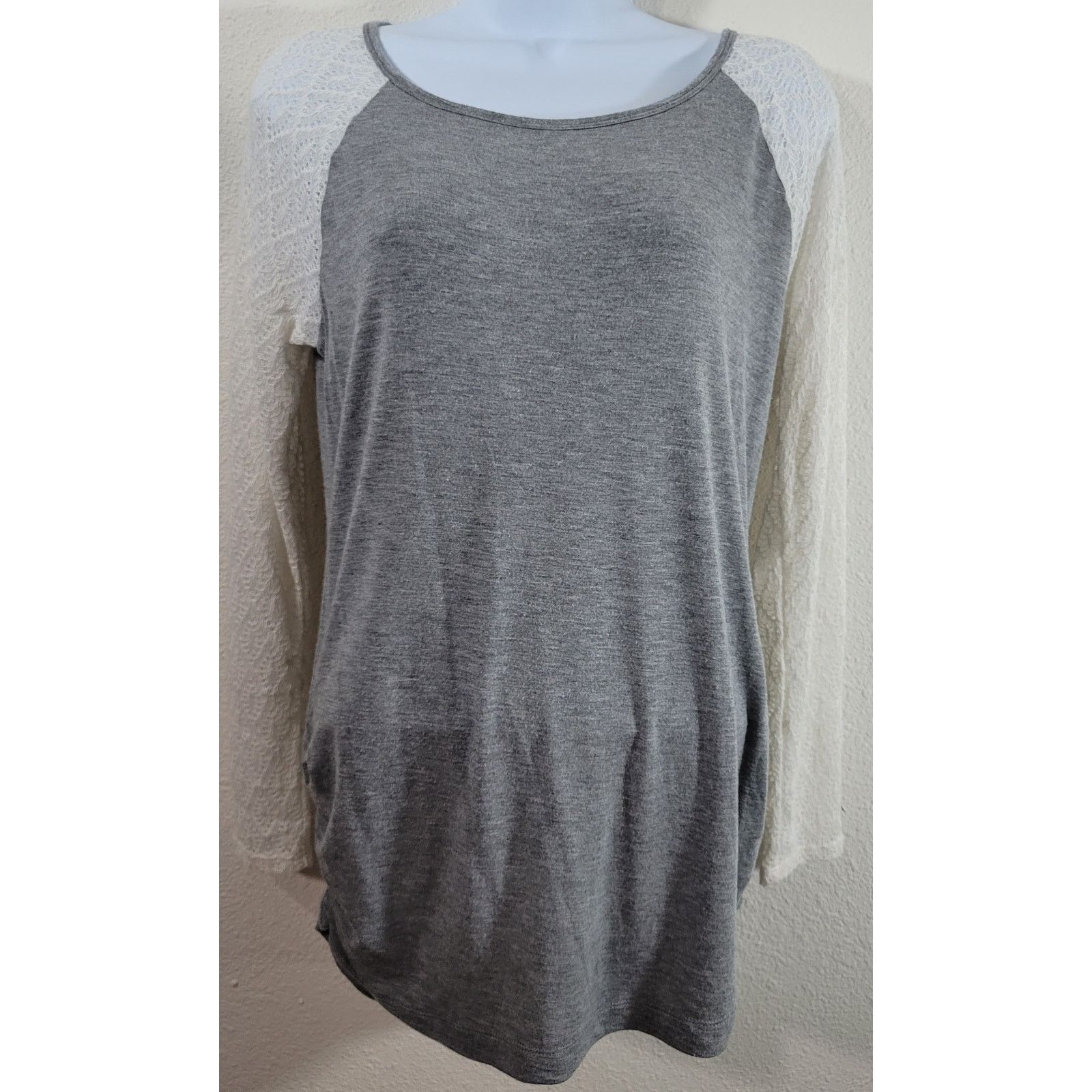 Other Heathered Gray Raglan Crochet Long Sleeves Top Small Ruched Size S / US 4 / IT 40 - 1 Thumbnail