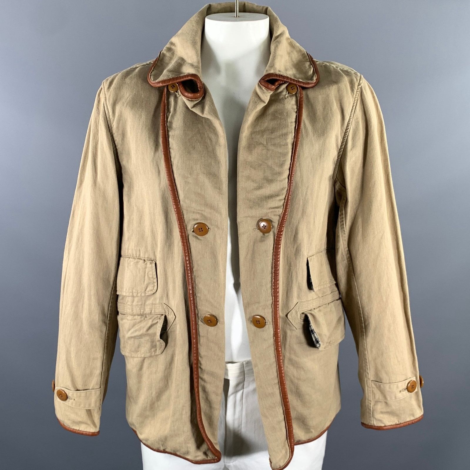 Kapital KAPITAL XL Khaki Cotton Hemp Leather Trim Notch Lapel Jacket Size US XL / EU 56 / 4 - 1 Thumbnail