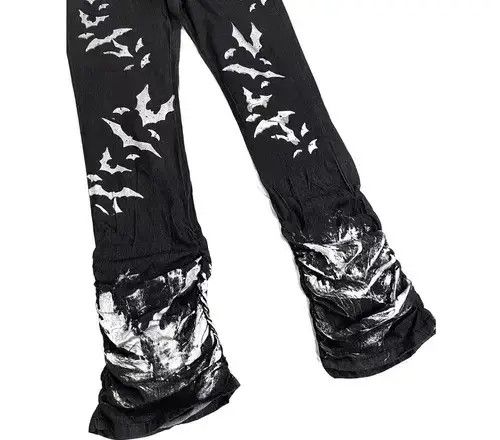 Jean Washed distressed pleated micro-flare bat-print jeans Size US 32 / EU 48 - 4 Thumbnail