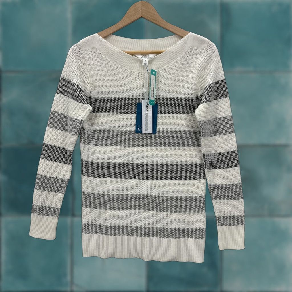 Market Market & Spruce Tawnee Waffle Knit Sweater Womens XS Gray Stripe Boat Neck NWT Size XS / US 0-2 / IT 36-38 - 1 Thumbnail