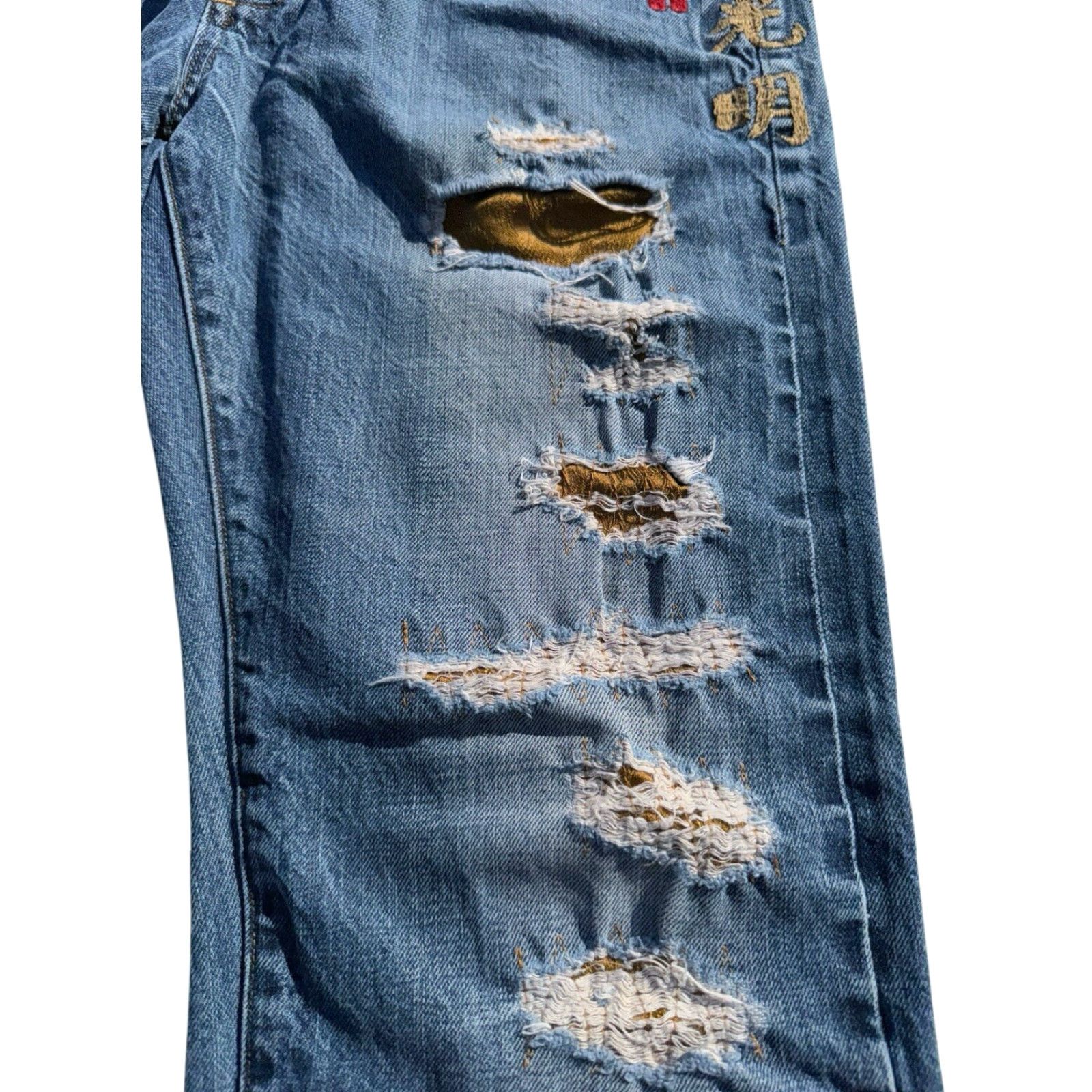 Vintage VINTAGE China Jeans 90s Distressed Repaired Embroidered Satin Selvedge Sz 32 Men Blue Straight Size US 32 / EU 48 - 5 Thumbnail