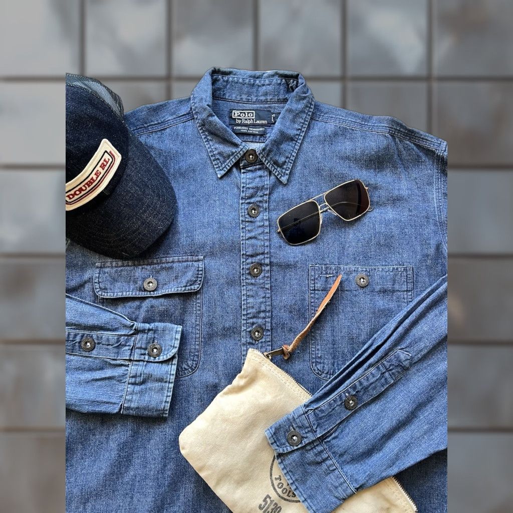 VINTAGE Ralph Lauren Workshirt Shirt XL-2XL Indigo Denim Blue Collared Button-Up Long Sleeve 57