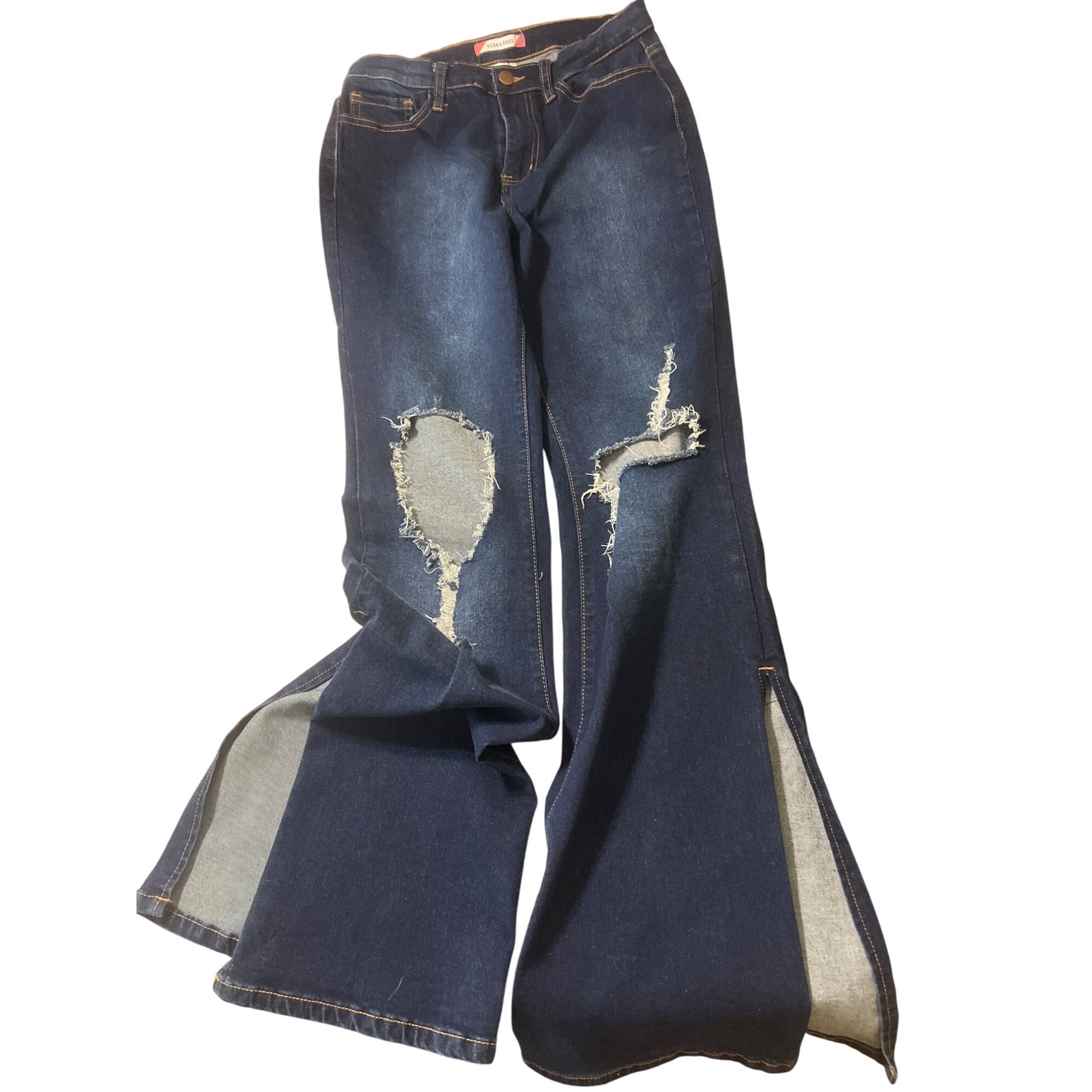 VIBE Vibe & Rant Distressed Flare Wide Leg Jeans Blue Denim Slits Size 26" / US 2 / IT 38 - 1 Thumbnail