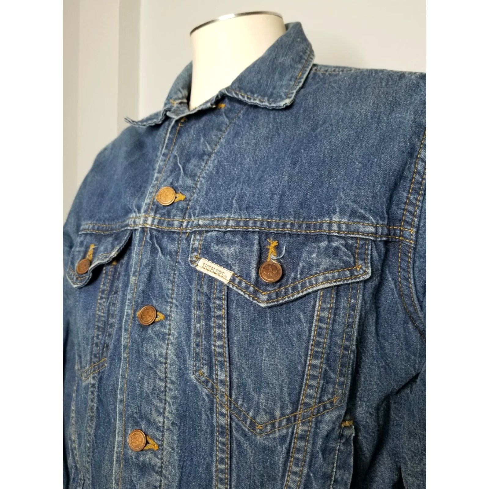 Denime Vintage Shepler's Denim Trucker Jacket M Men Casual Grunge Distressed Well Worn Size US 31 - 2 Thumbnail