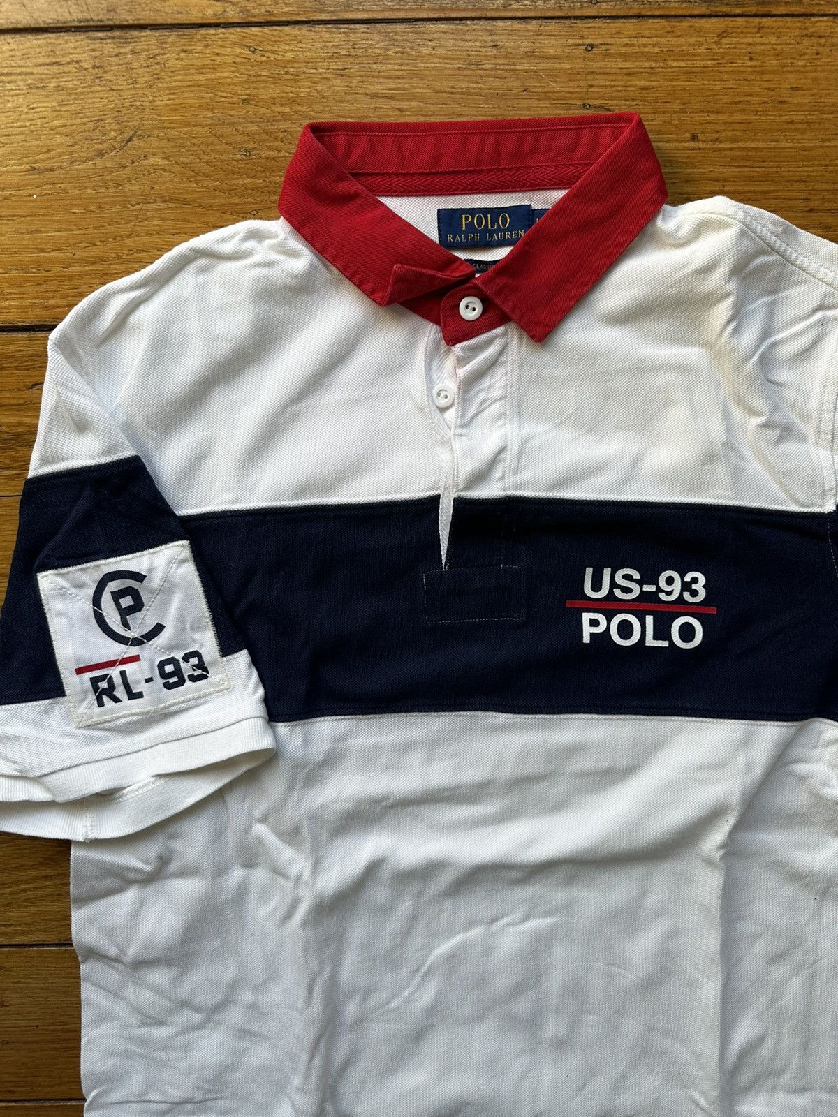 CP-93 XL Polo Ralph Lauren Sport Yellow Stripe Collared Ski popular Patch Spellout Shirt