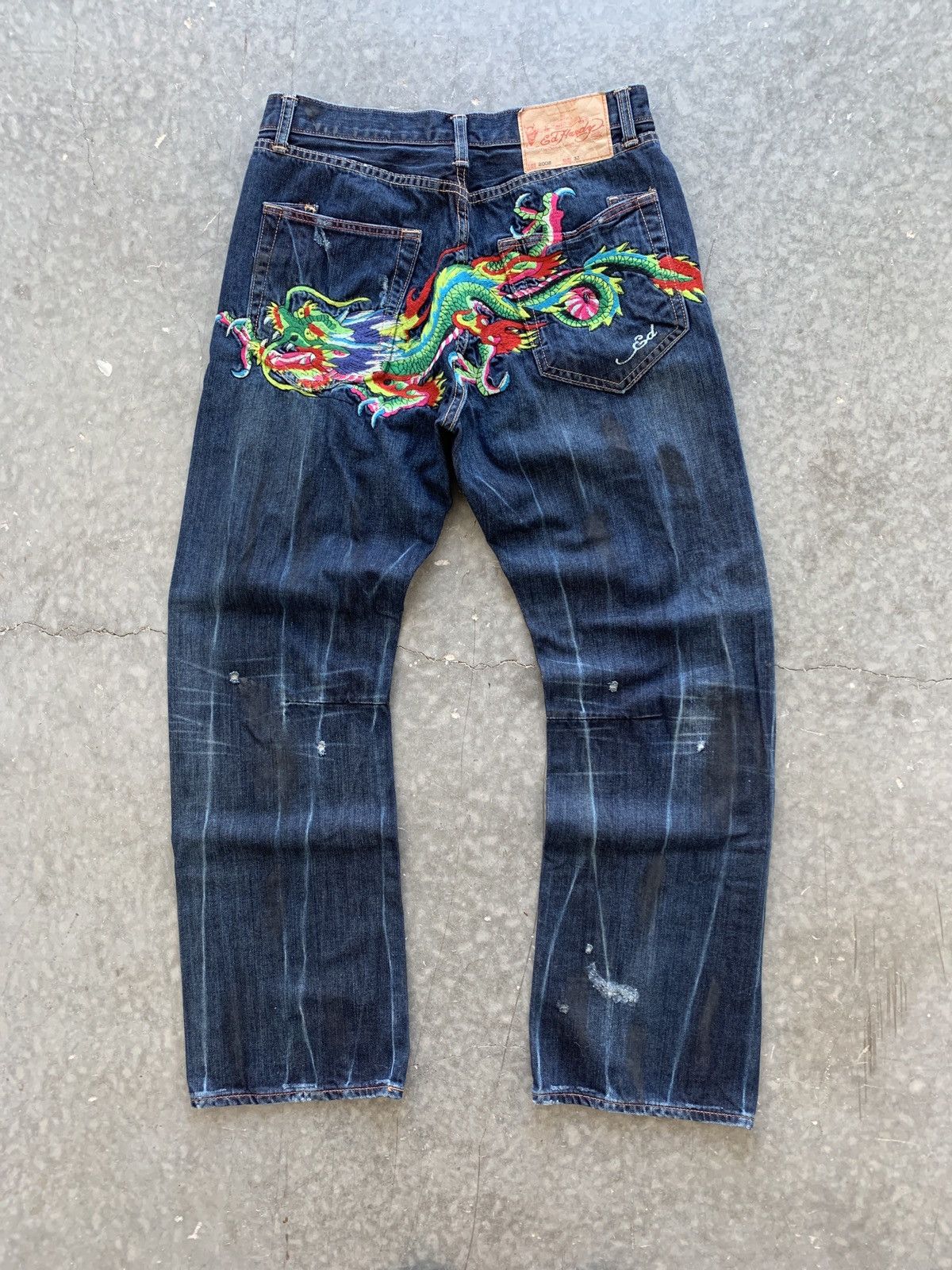 image of Y2K Ed Hardy Baggy Jeans Dragon Opium Skater in Blue, Men's (Size 33)