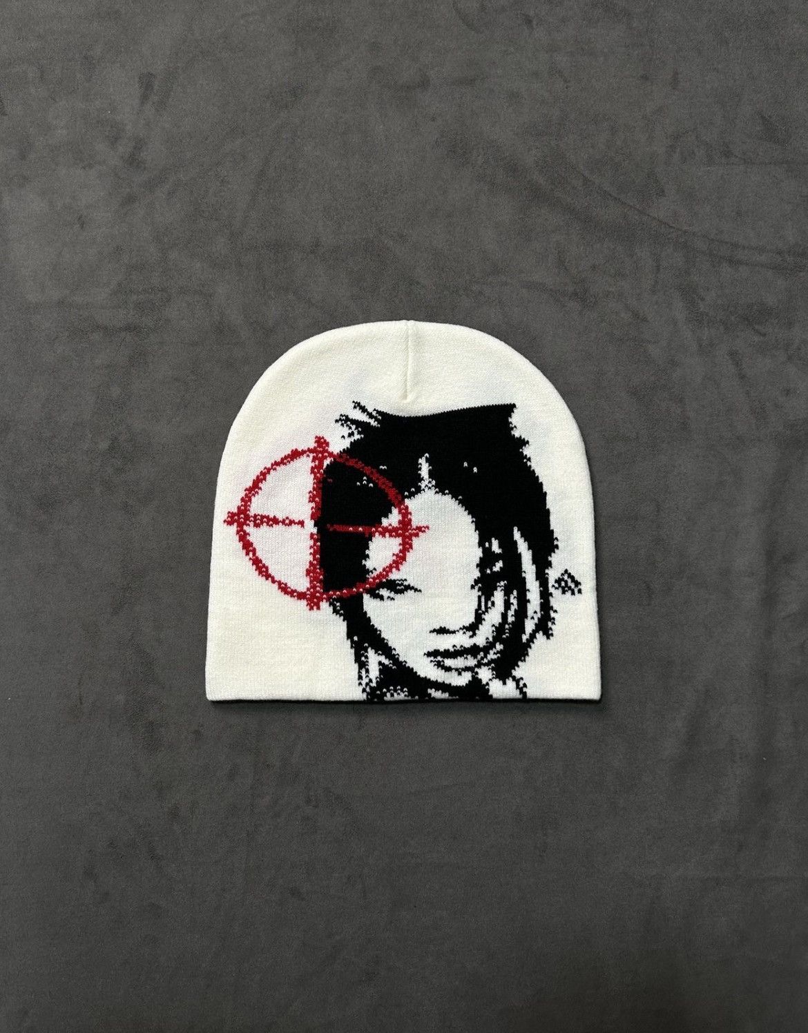 Japanese Brand Anime Girl Target Graphic No Cuff Knit Beanie White Hat OS Size ONE SIZE - 1 Thumbnail