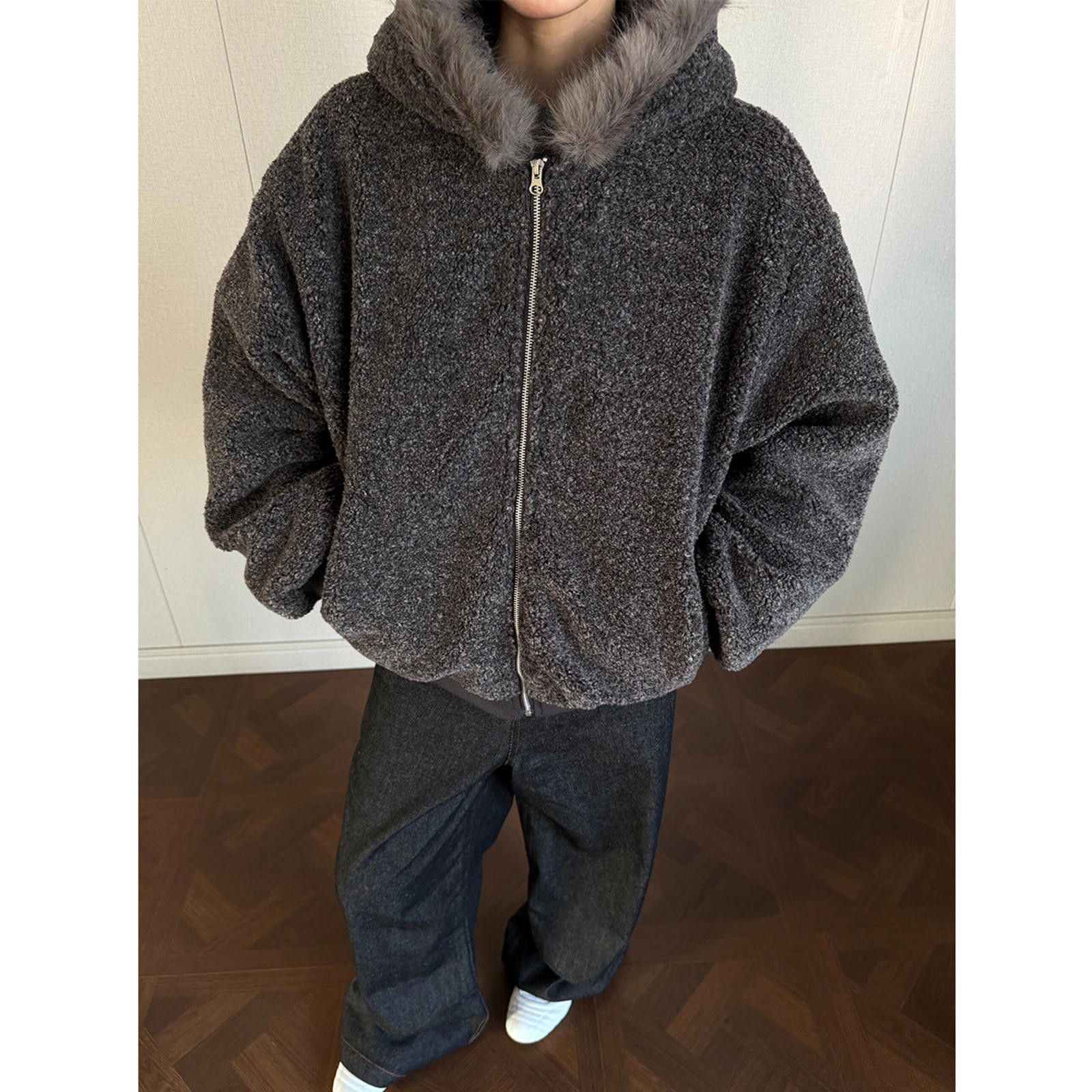 Japanese Brand Gray Faux Fur Hooded Teddy Jacket, Cozy Winter Outerwear Size US M / EU 48-50 / 2 - 1 Thumbnail