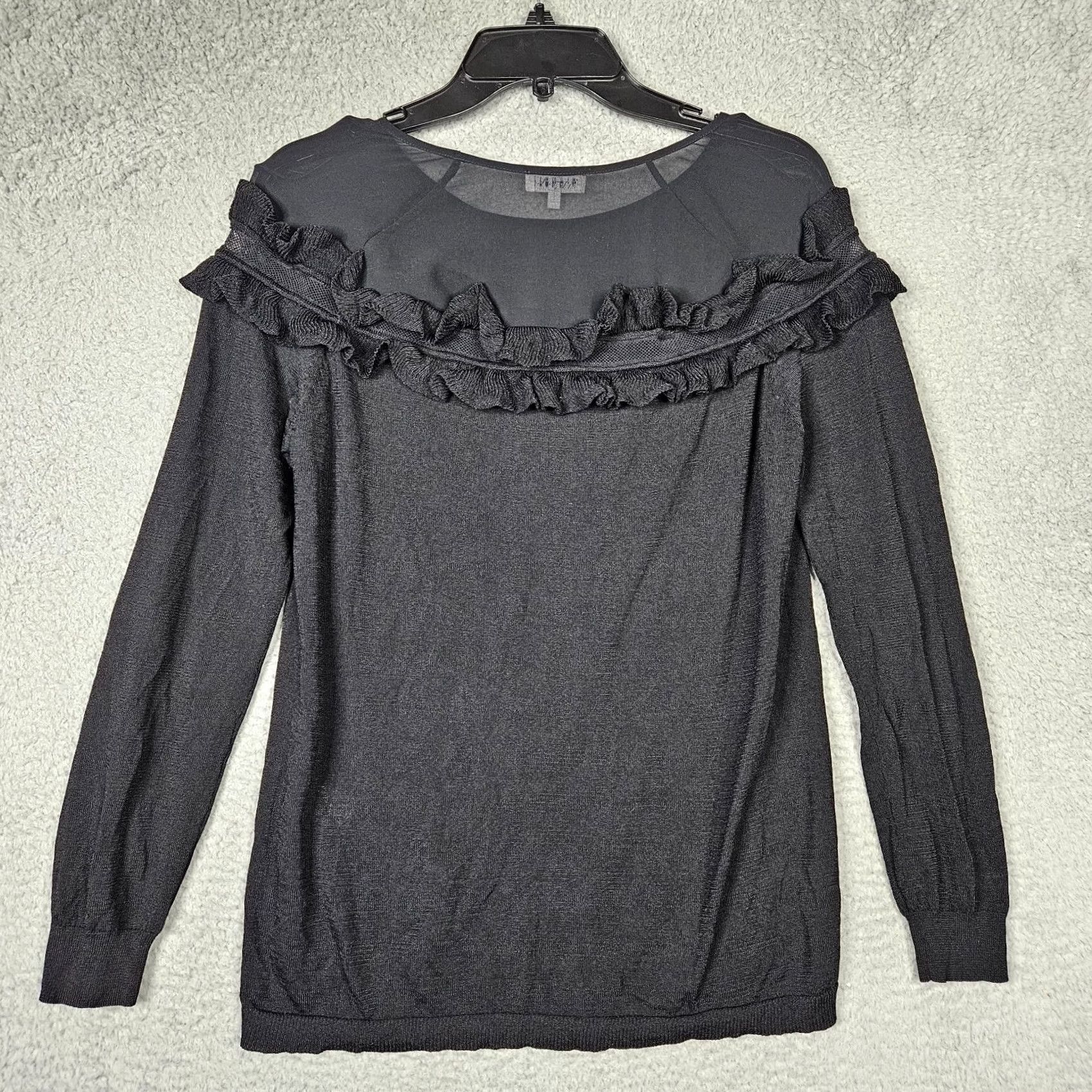Vintage CLAUDIE PIERLOT Sweater Women’s Black Knit Ruffle Crew Neck Short Sleeve Sz 2 Pullover All Seasons Womens Size XS / US 0-2 / IT 36-38 - 7 Thumbnail