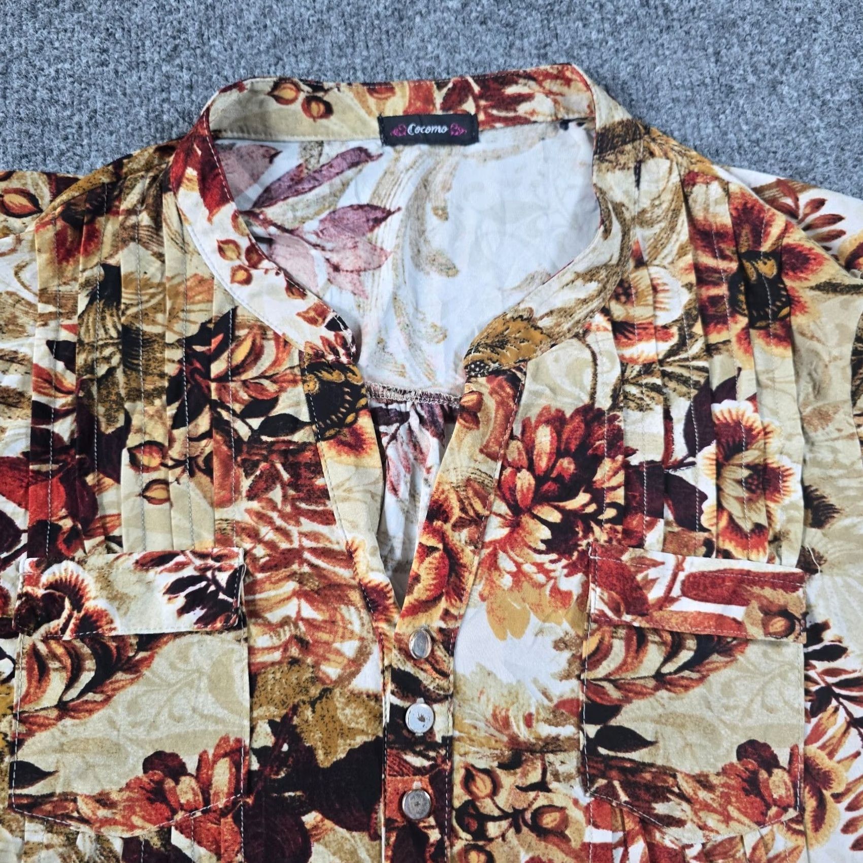 Vintage Cocomo Top Women 1X Brown Floral 3/4 Sleeve V-Neck Stretch No Iron Slinky Casual Career Shirt Size XL / US 12-14 / IT 48-50 - 2 Thumbnail