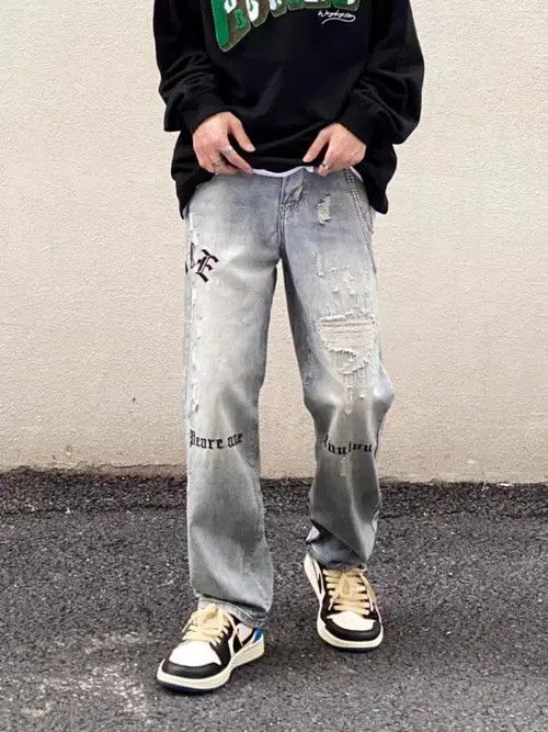 Vintage washed embroidered ripped straight-leg jeans