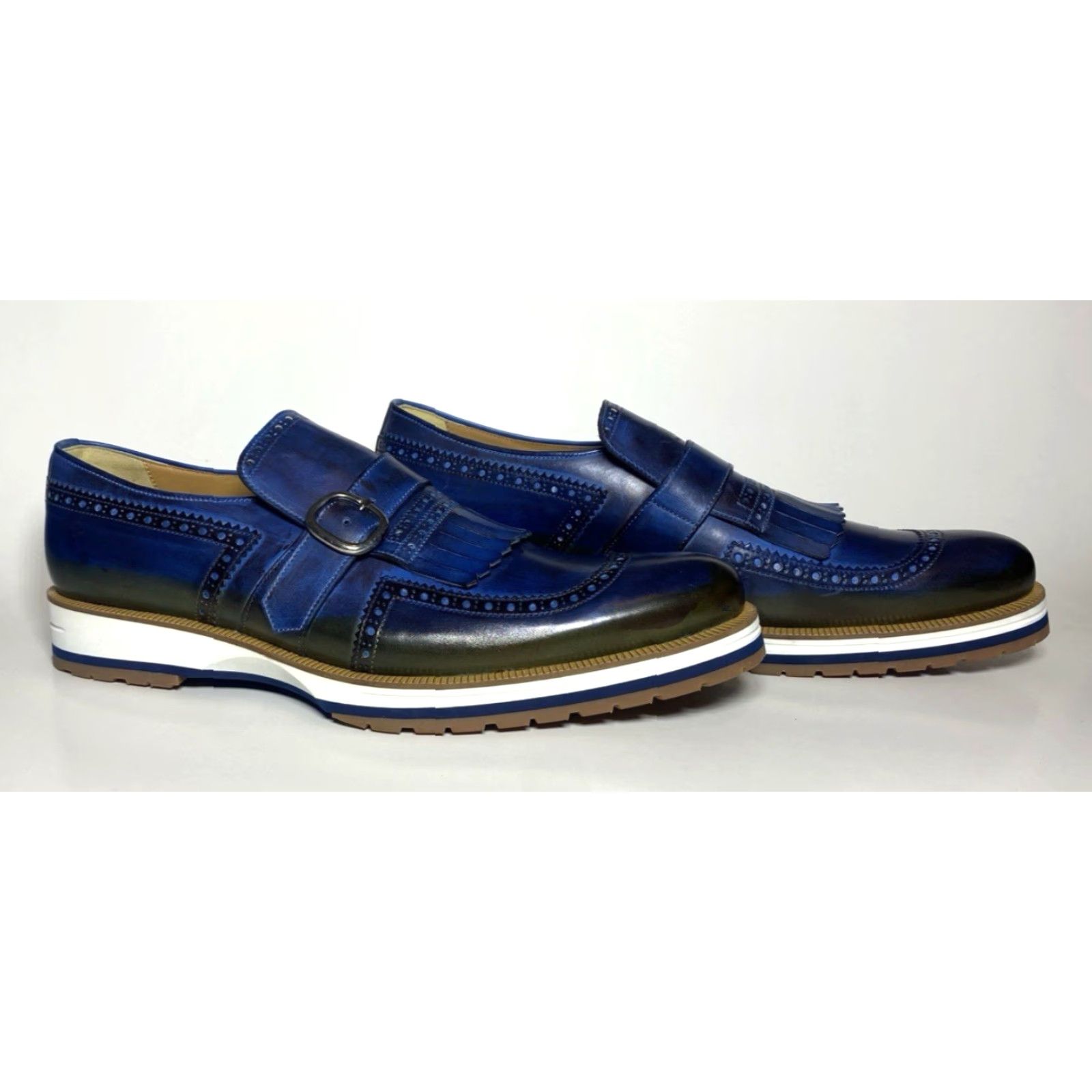 Vintage Francesco Benigno Canto de' Ricci Firenze Italy Men's Monk Strap Leather Loafers Dress Slip On Sz 11 Blue UK 10 Leatheroutsole Rubber Size US 10 / EU 43 - 3 Thumbnail