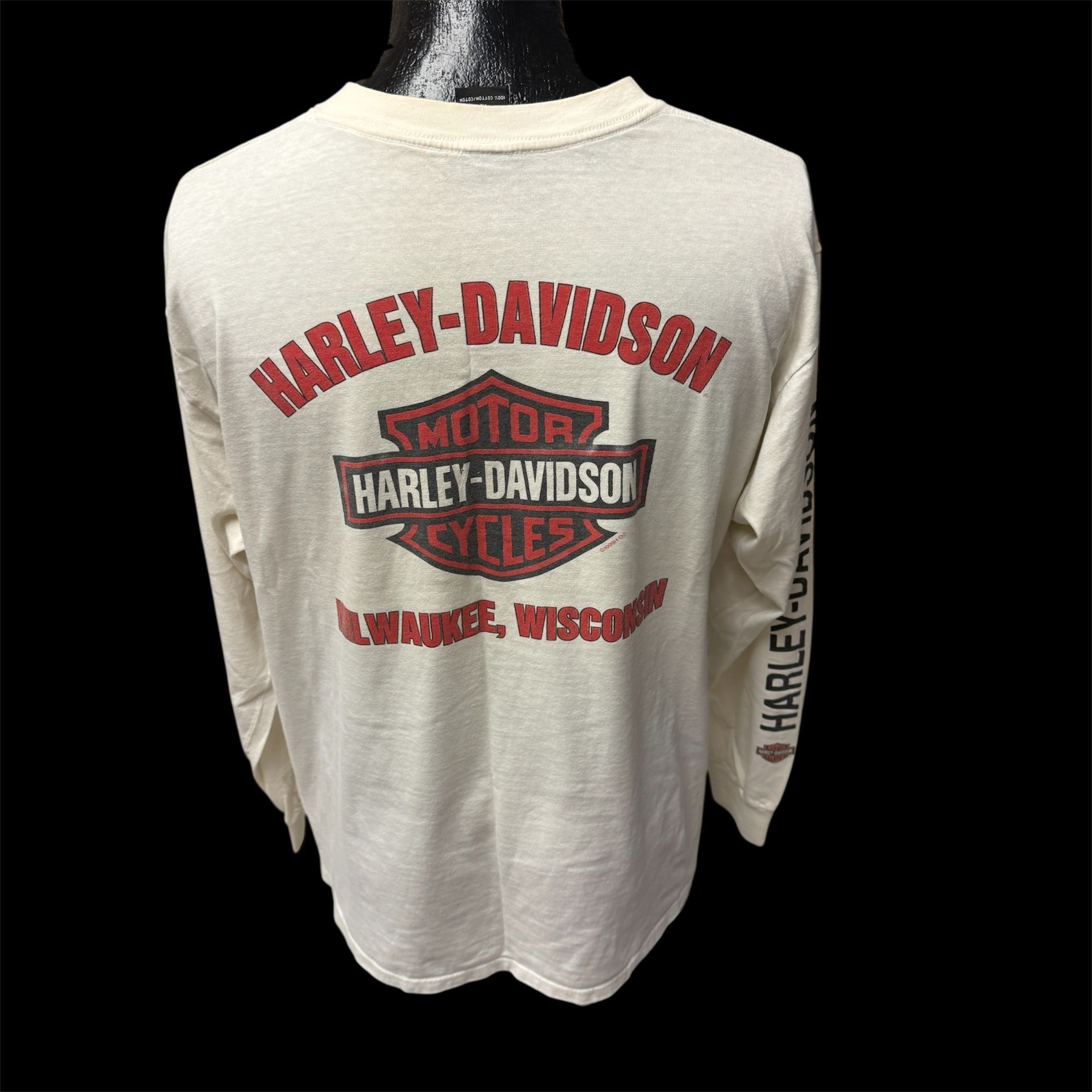 Harley Davidson 90's H-D USA FLAG L/S Spellout Milwaukee WI ROAD HOUSE 1999 Size US XL / EU 56 / 4 - 4 Thumbnail