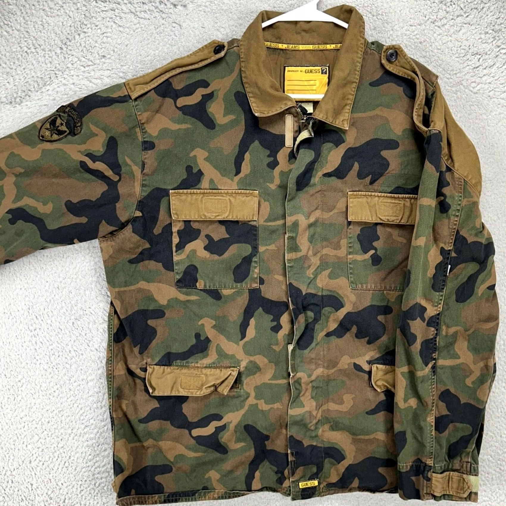Guess GUESS Military Jacket Men XL Olive Green Camouflage Cotton Full Zip Flap Pockets Size US L / EU 52-54 / 3 - 2 Thumbnail