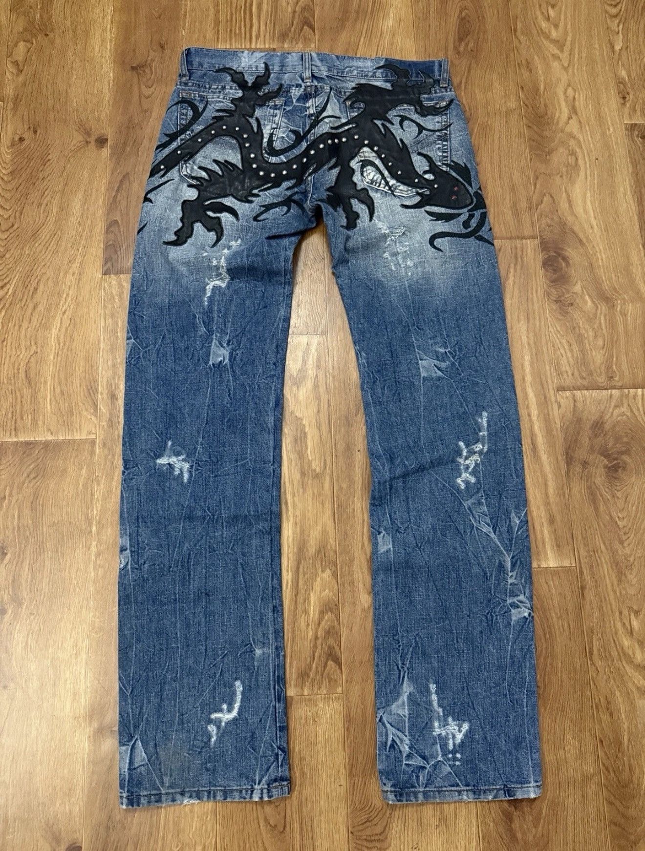 Other Y2K Jeans Embroidered Leather Dragon Rap Italy Made Sz 34/35 Size US 34 / EU 50 - 1 Thumbnail