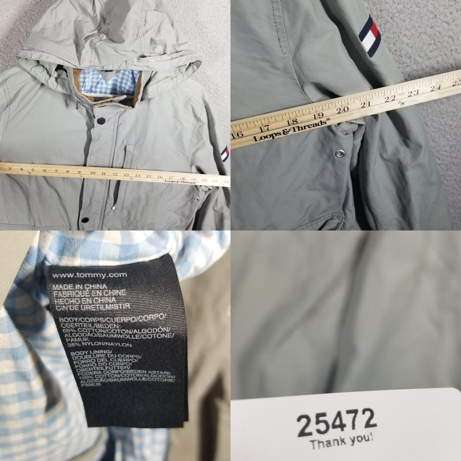 Tommy Hilfiger Tommy Hilfiger Jacket Mens Medium Gray Hooded Cotton Blend Parka Gingham Lined Size US M / EU 48-50 / 2 - 8 Thumbnail