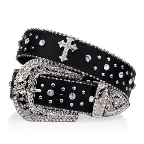 VIBE Black Cross Rivet Belt Engraved Buckle Rhinestone Size ONE SIZE - 3 Thumbnail